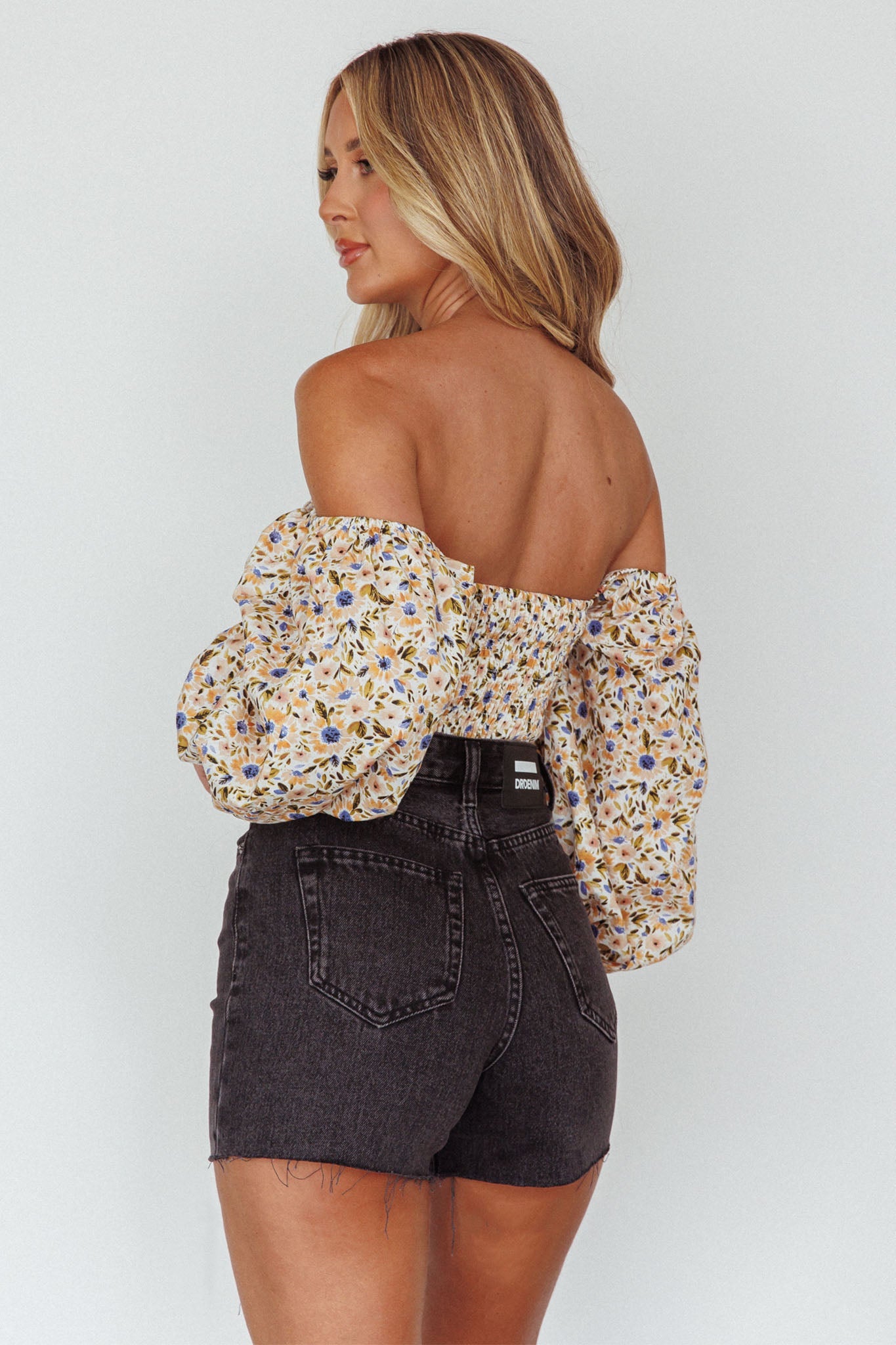 Maureen Off-Shoulder Shirred Crop Top Orange Multi