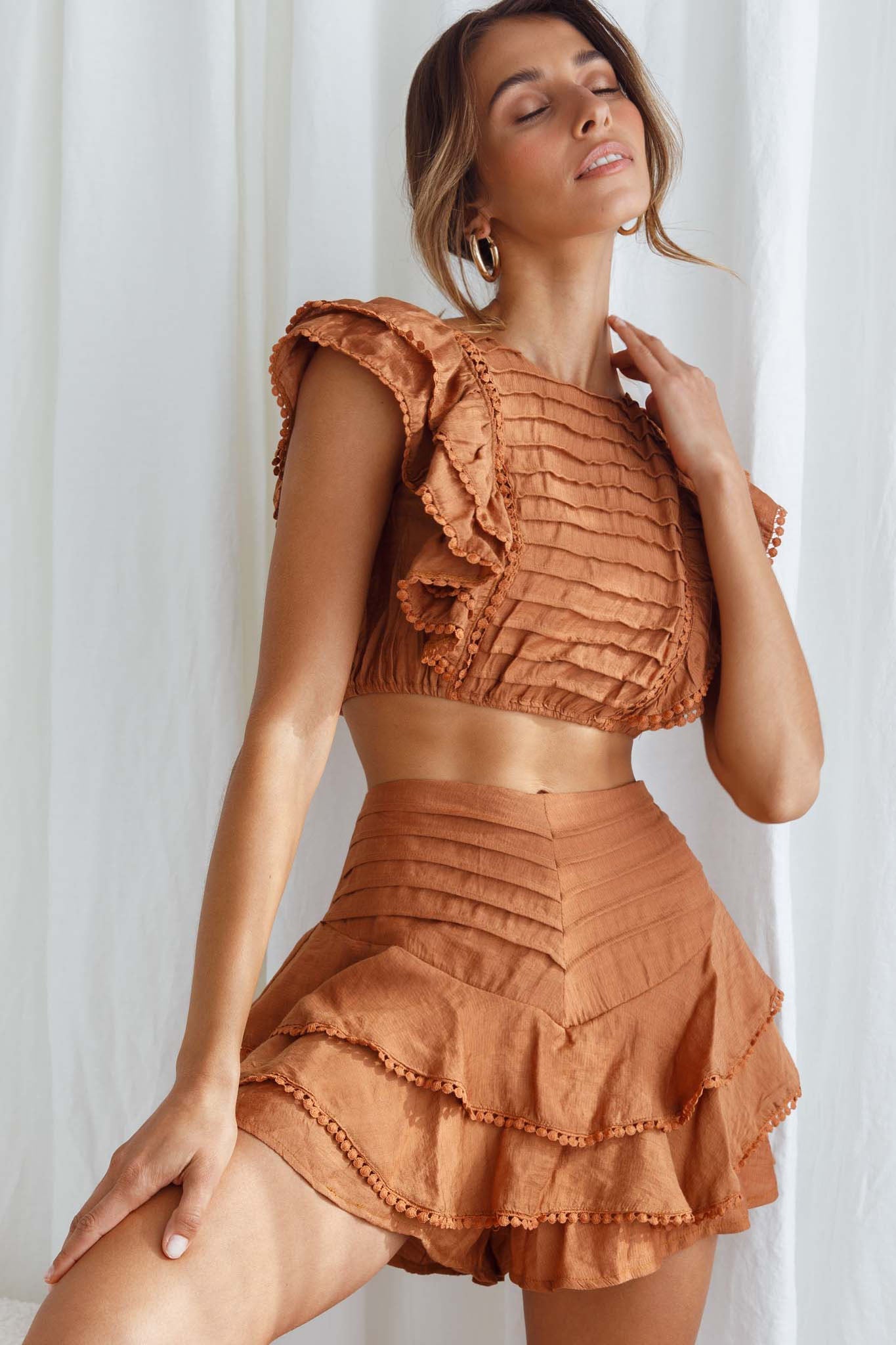 Wild And Free Pintuck Pleat And Layered Ruffle Shorts Tan