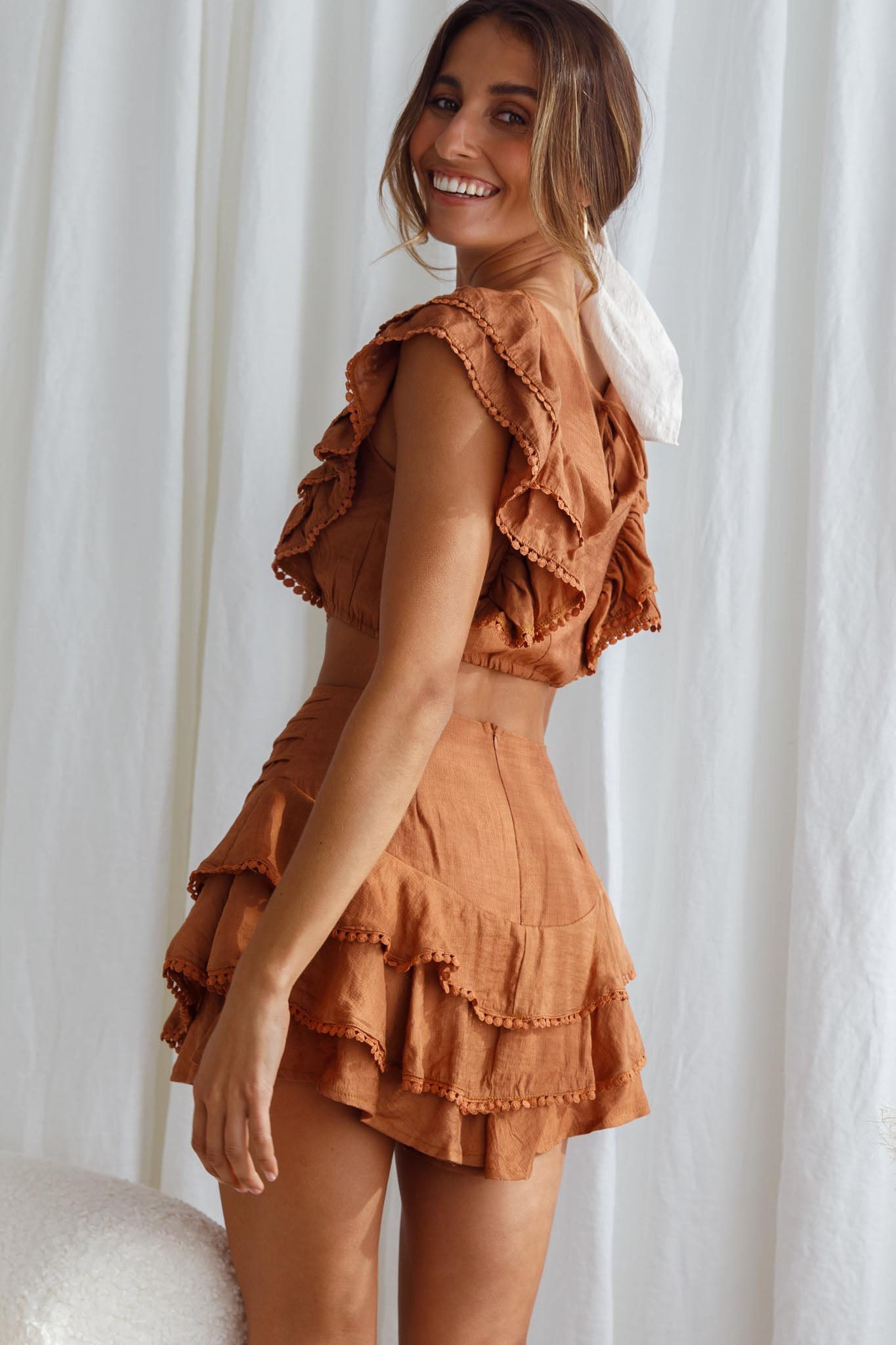 Wild And Free Pintuck Pleat And Layered Ruffle Shorts Tan