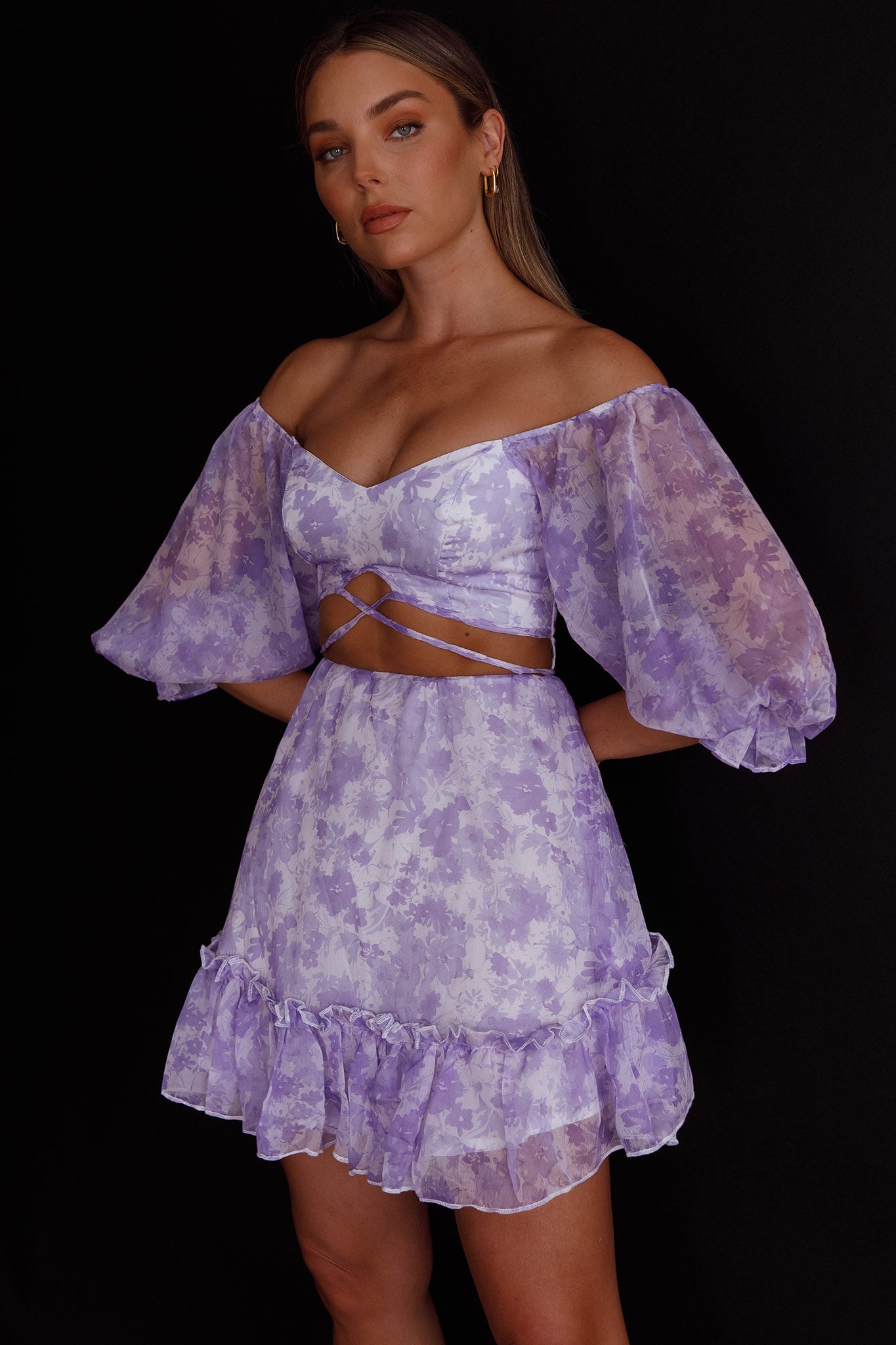 Alethea Puff Sleeve Cut-Out Waist Dress Floral Print Lilac