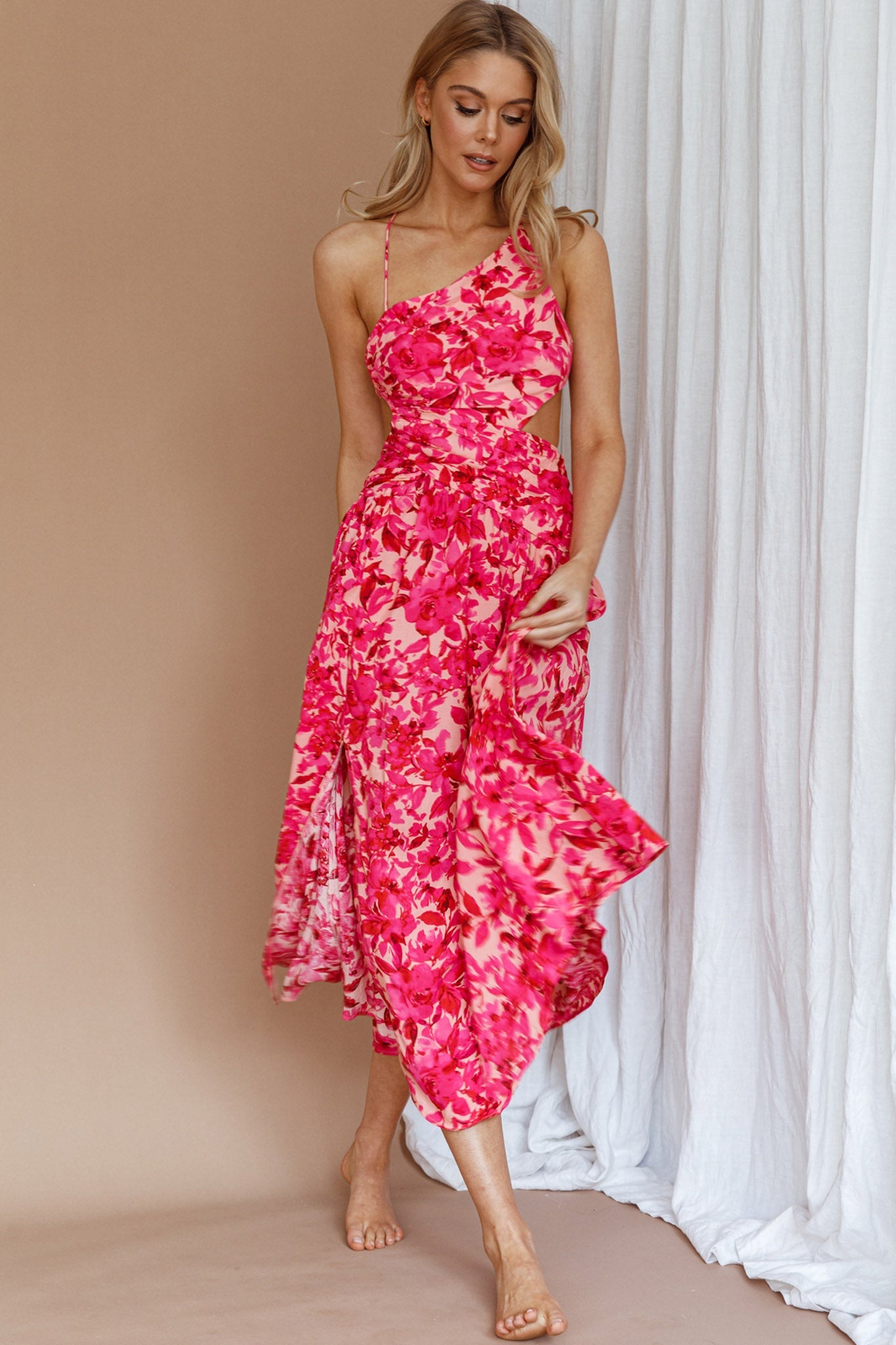 Destination Open Back Midi Dress Floral Pink