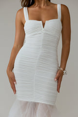 Nadia Tulle Hem Ruched Maxi Dress White