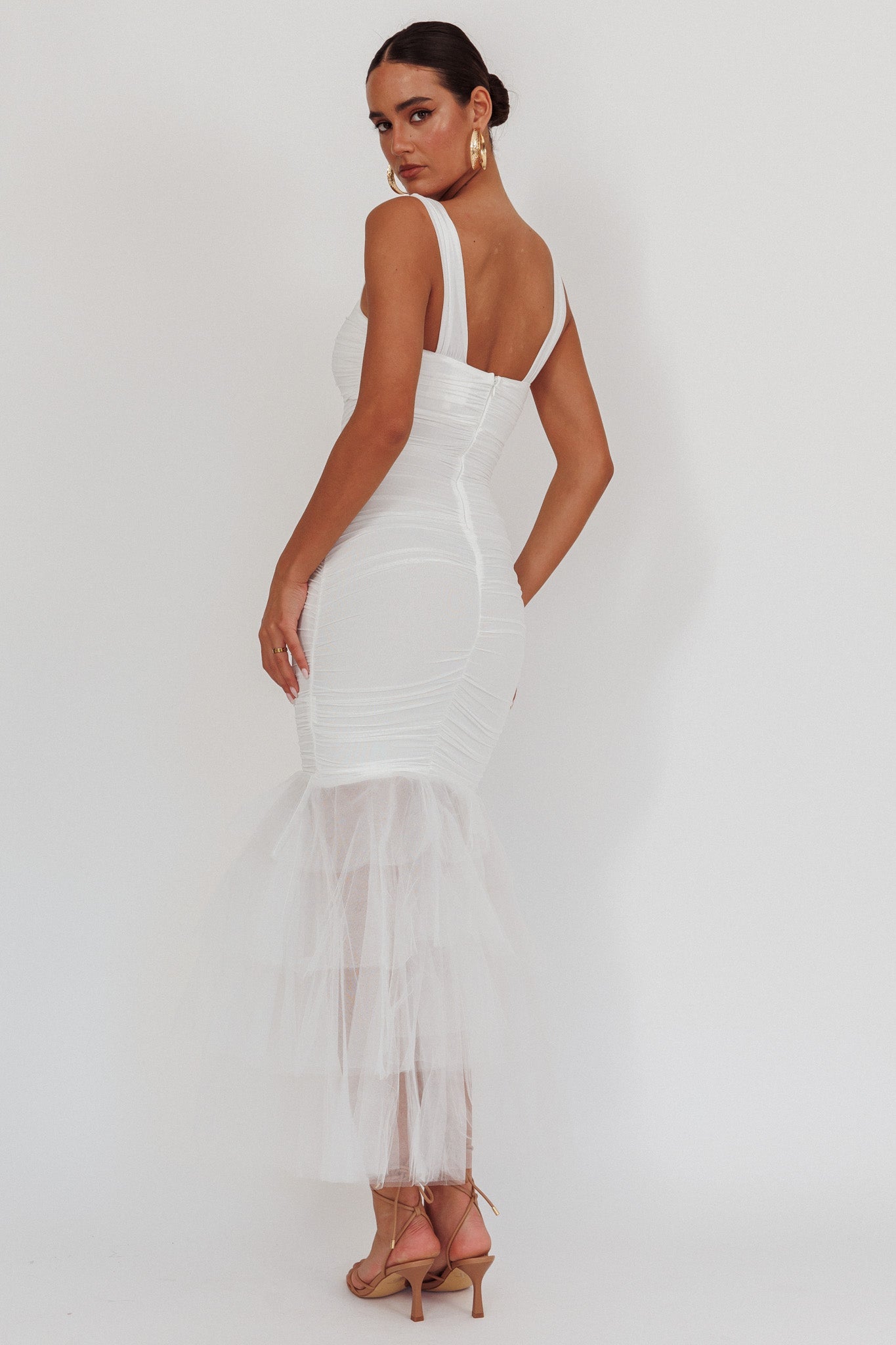 Nadia Tulle Hem Ruched Maxi Dress White