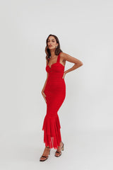 Nadia Ruched Fishtail Maxi Dress Red
