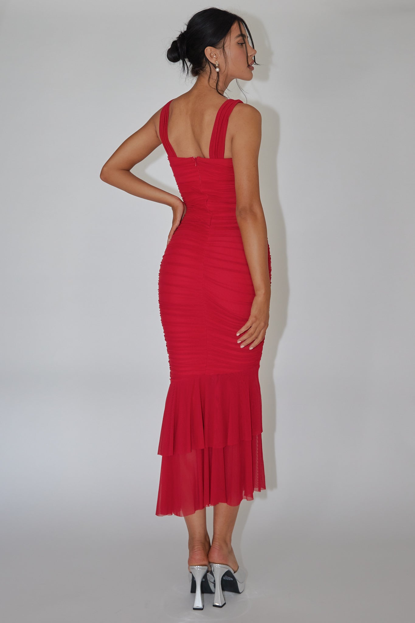 Nadia Ruched Fishtail Maxi Dress Red