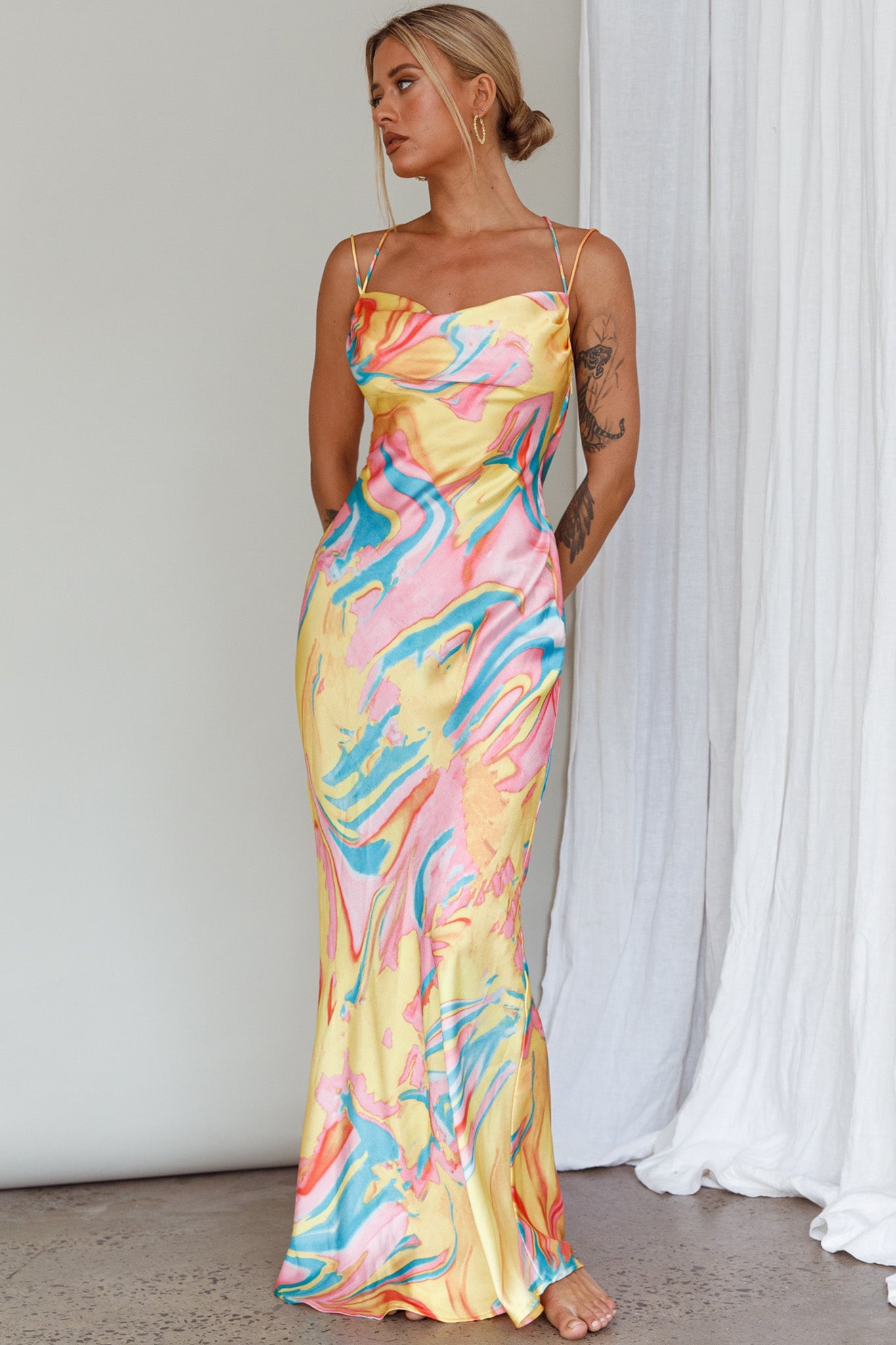 Moment With You Ruched Bust Midi Dress Swirl Yellow/Green