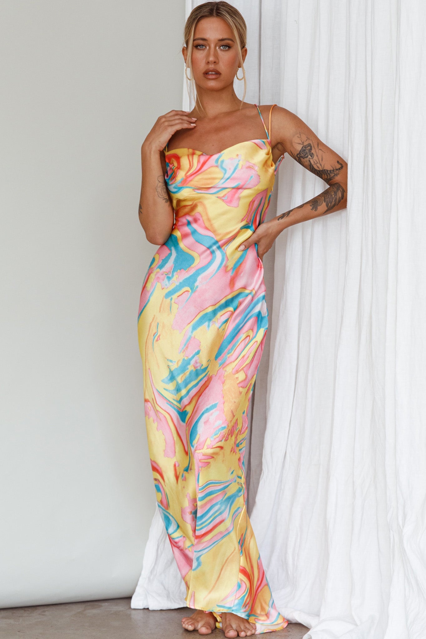Moment With You Ruched Bust Midi Dress Swirl Yellow/Green
