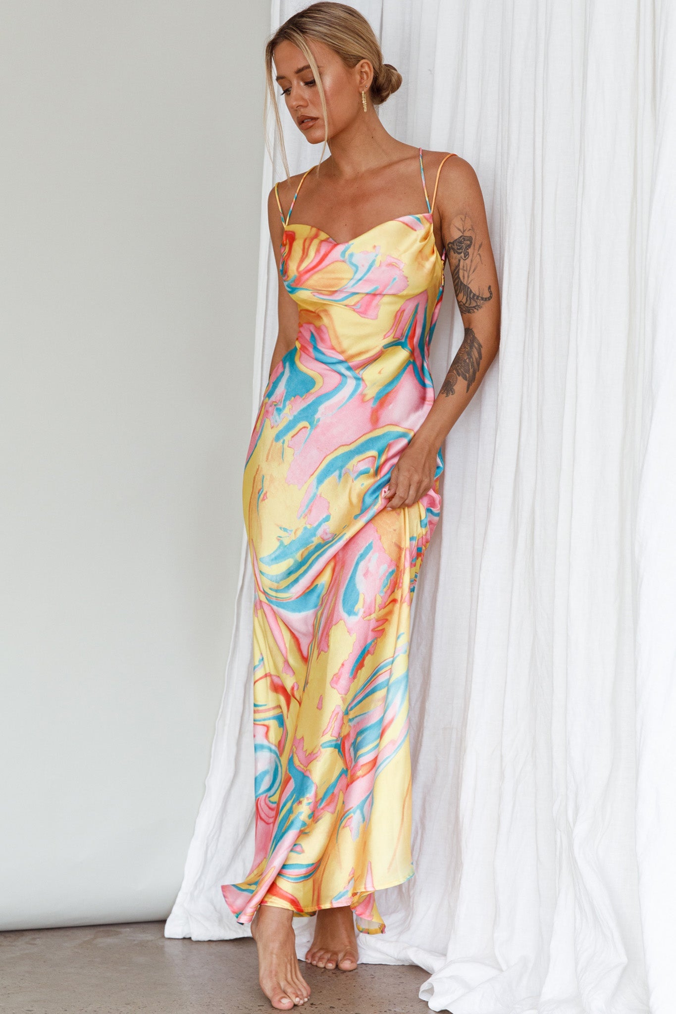 Moment With You Ruched Bust Midi Dress Swirl Yellow/Green