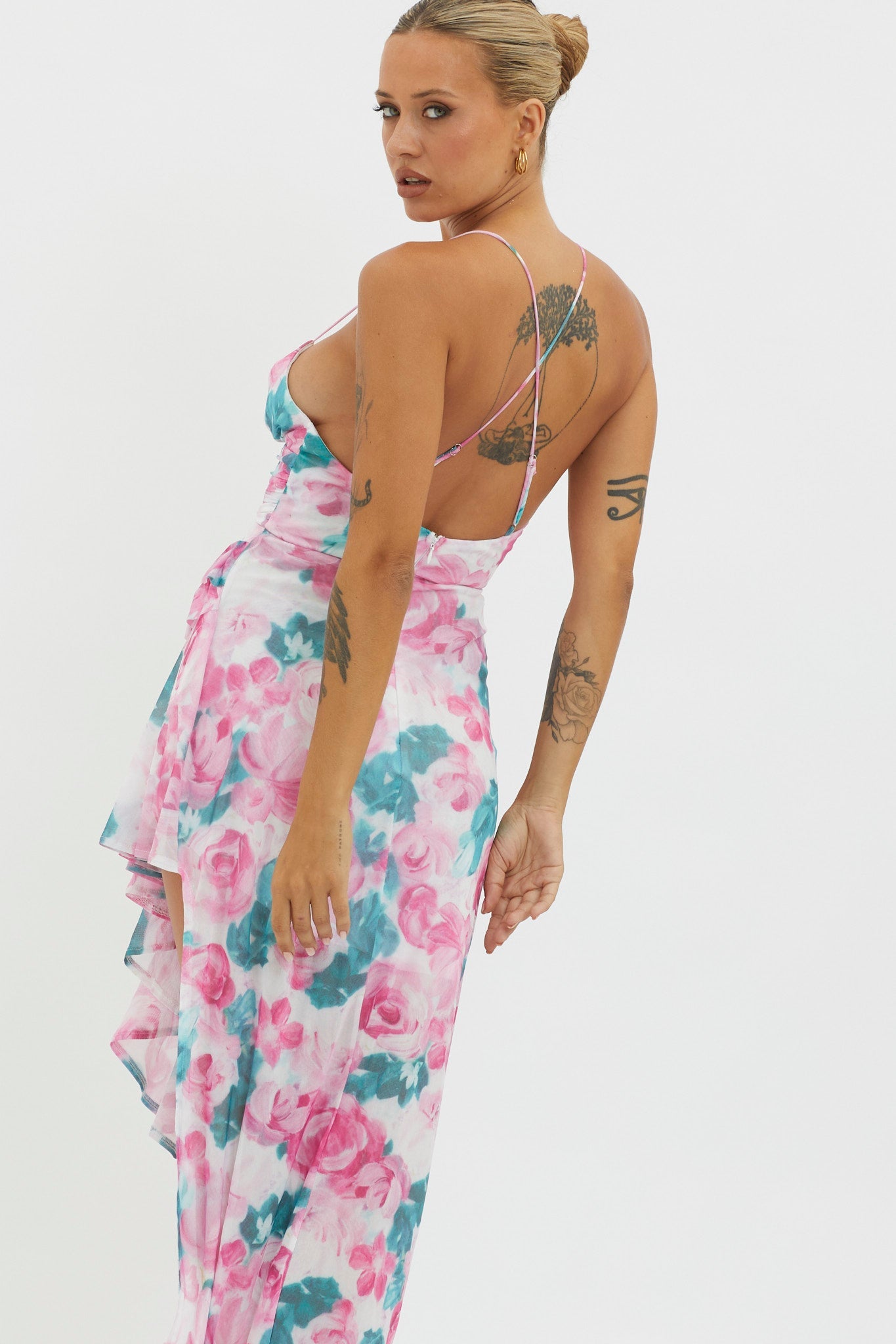 Check Mate Frill Trim Cut-Out Split Dress Floral Pink