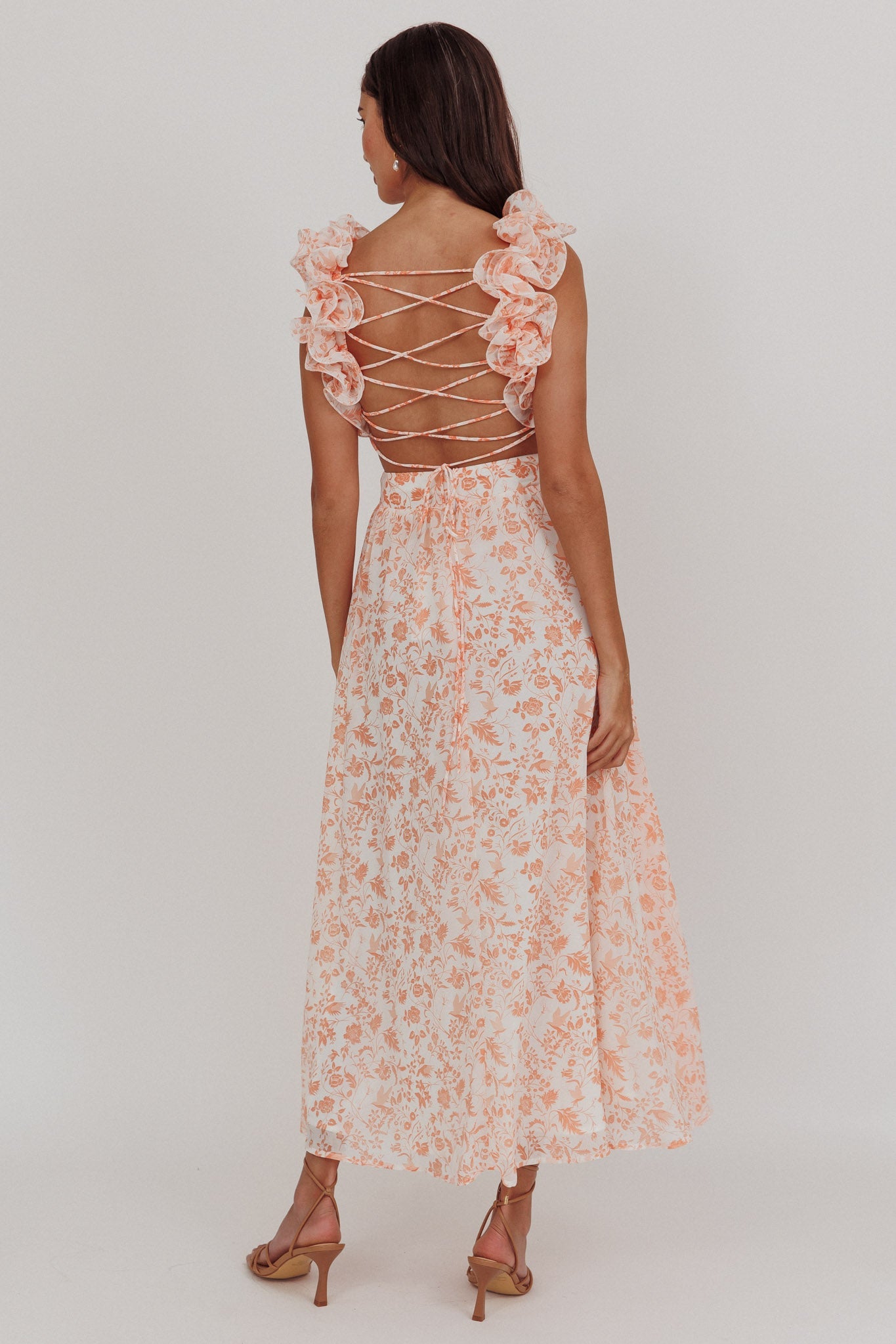 Madara Lace-Up Back Maxi Dress Flowers Orange