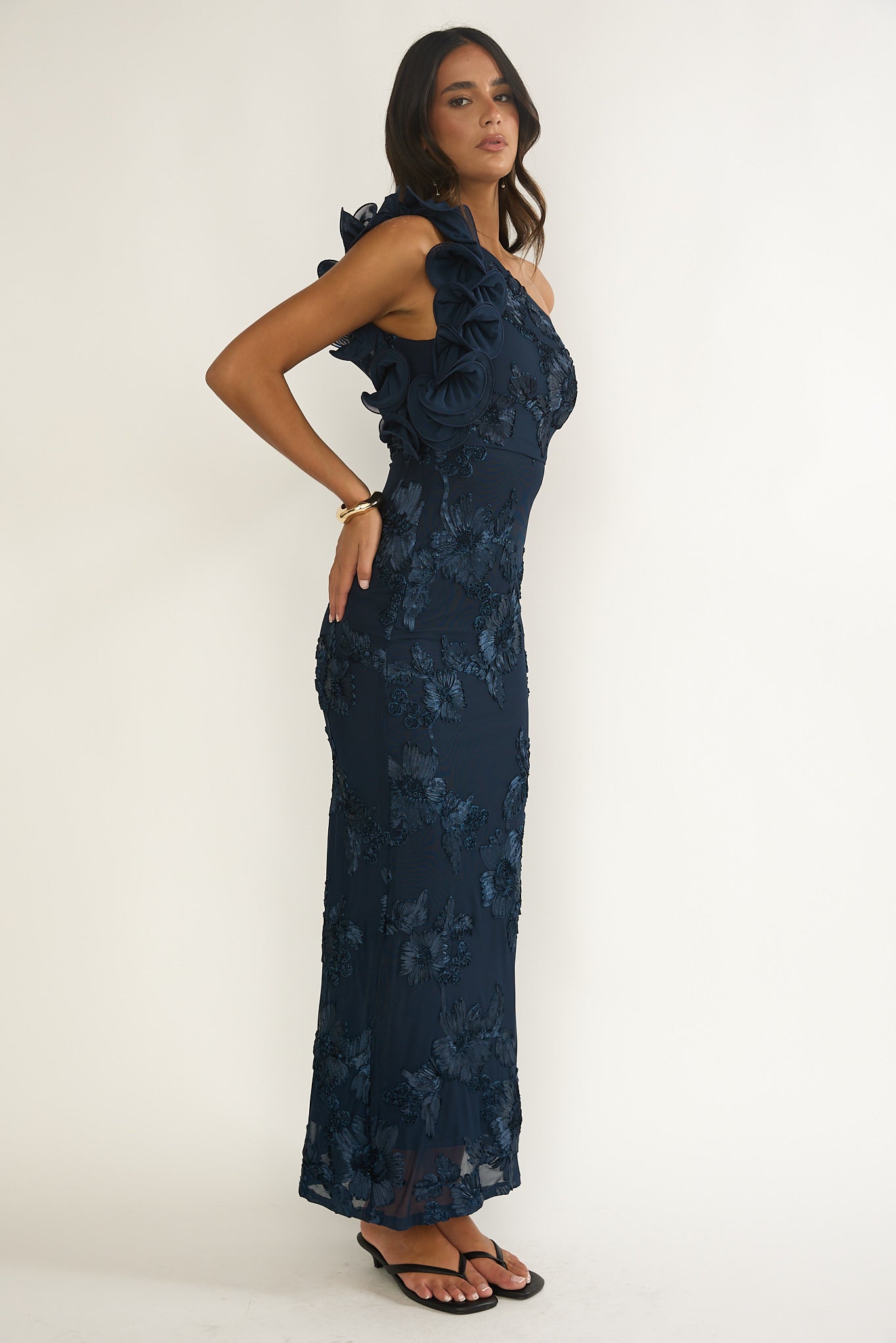 Deanna One-Shoulder Ruffle Maxi Dress Floral Navy