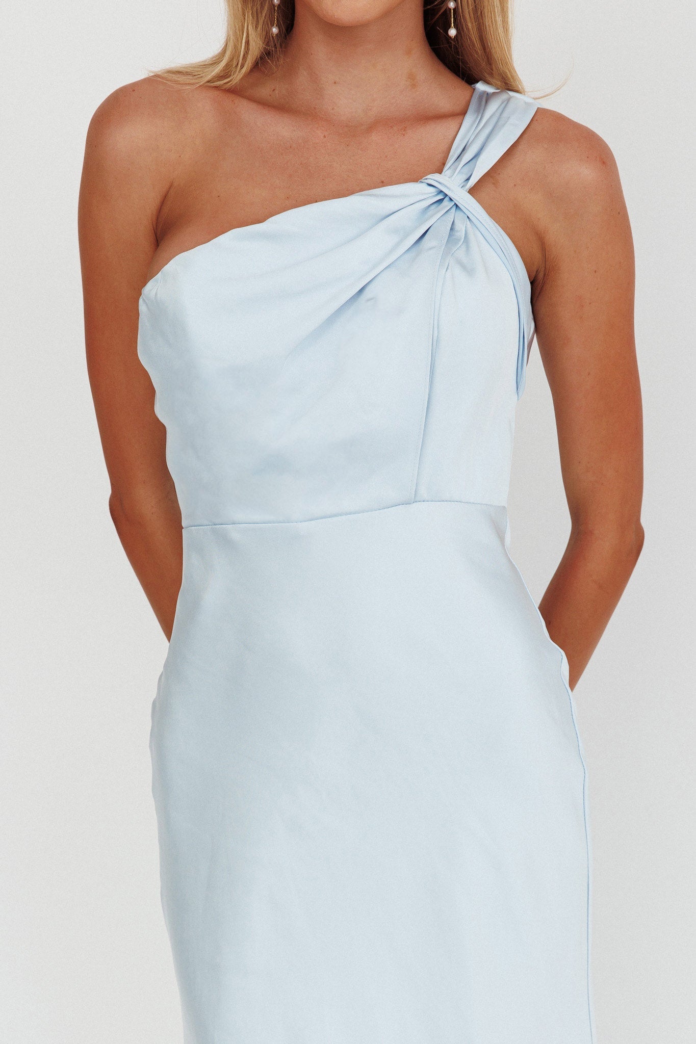 Fly Love Satin One Shoulder Maxi Dress Sky Blue