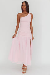Lights On One-Shoulder Drop Waist Maxi Dress Pink