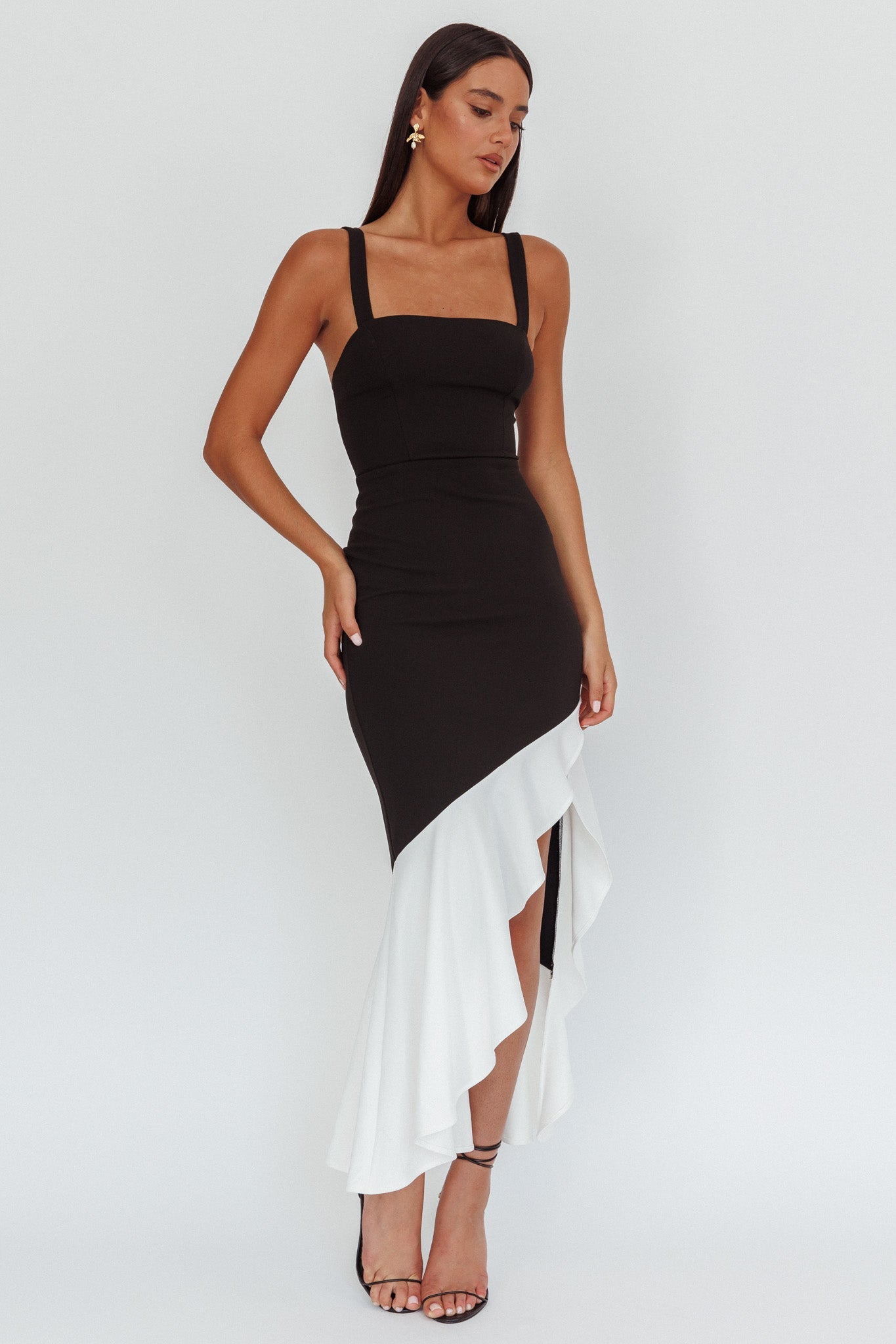 Delighted Asymmetric Hem Maxi Dress Contrast Black