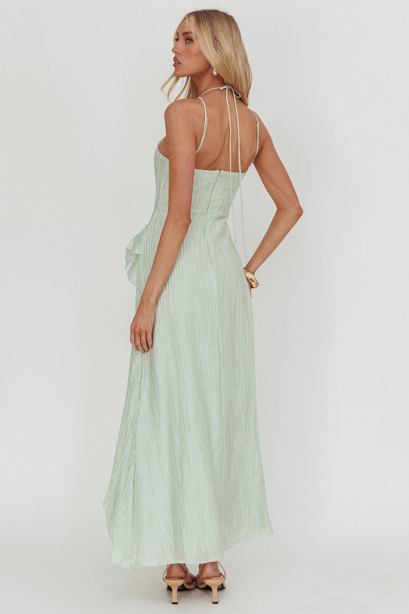 Nerisse Textured Frill Halter Maxi Dress Sage