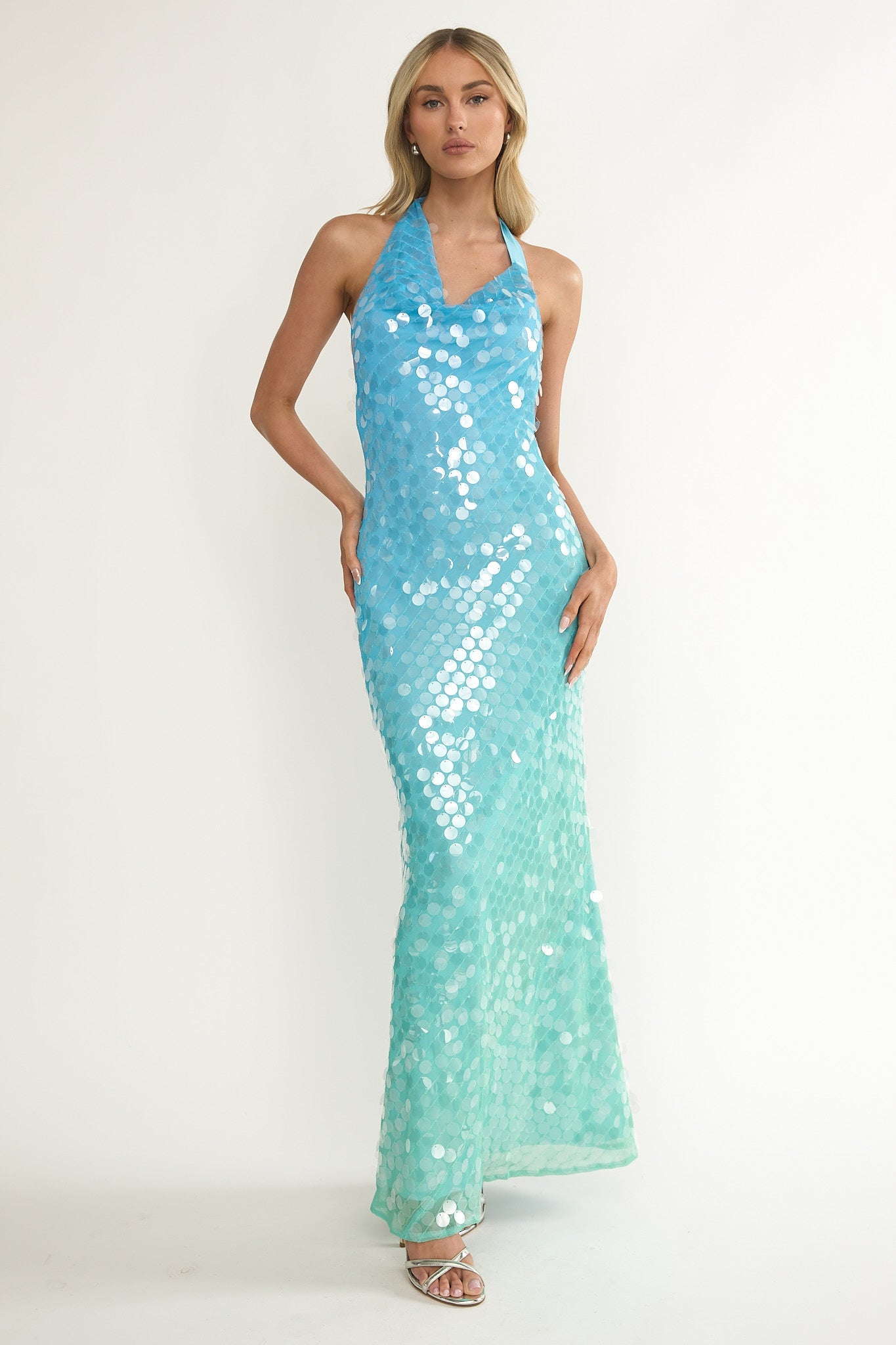 Kirralee Asymmetric Halterneck Sequin Maxi Dress Blue Multi