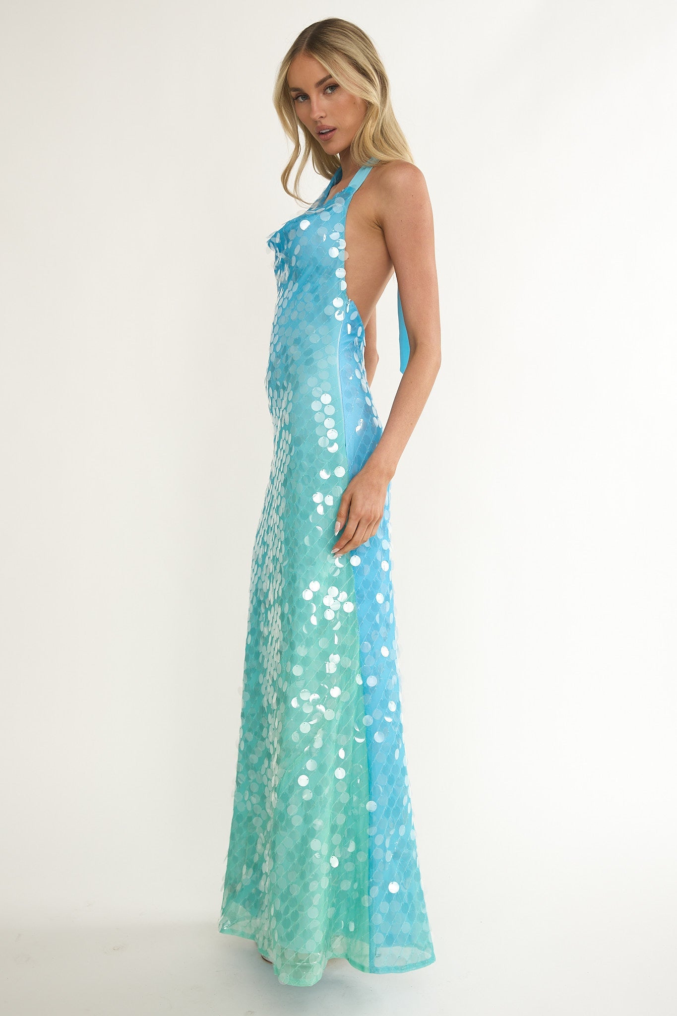 Kirralee Asymmetric Halterneck Sequin Maxi Dress Blue Multi
