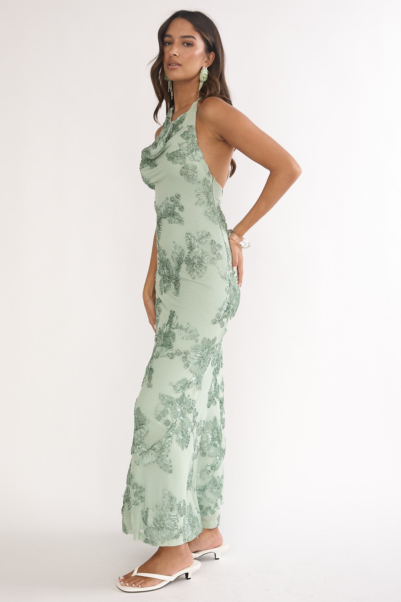 Kirralee Asymmetric Halterneck Embellished Maxi Dress Aqua Green