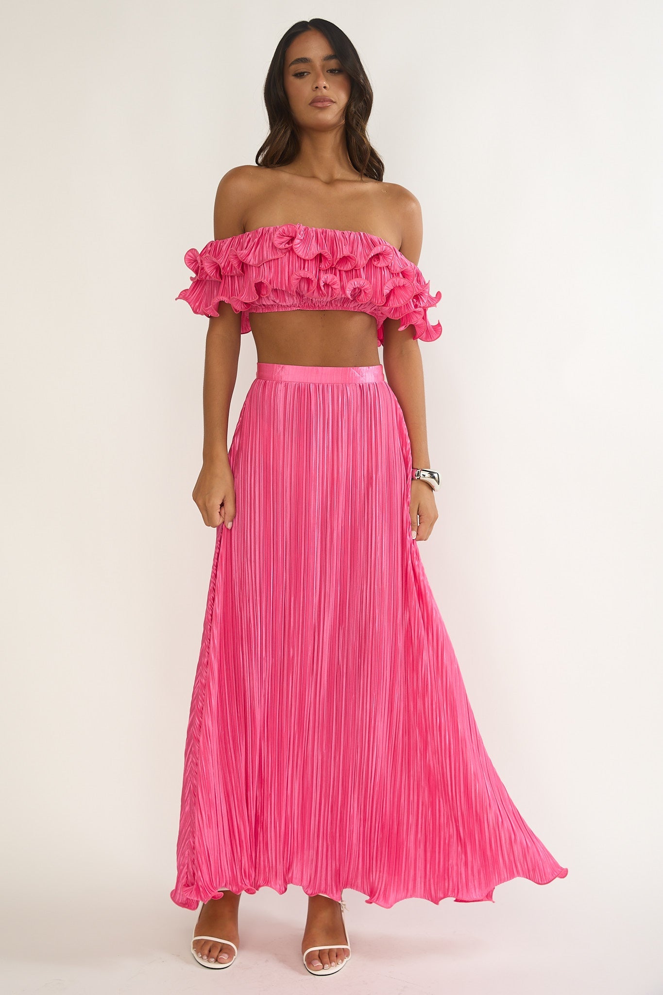 Amaria Off-Shoulder Lettuce Edge Crop Top Hot Pink