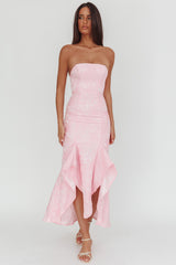Corin Strapless High-Low Hem Maxi Dress Jacquard Pink