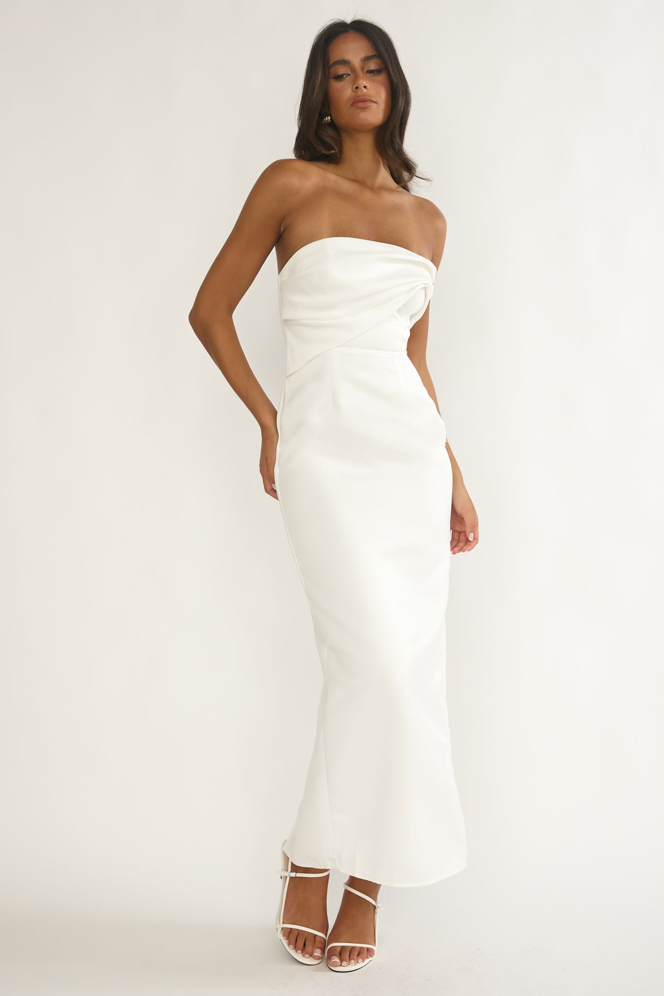 Fleur Sky Strapless Pleat Bust Maxi Dress White