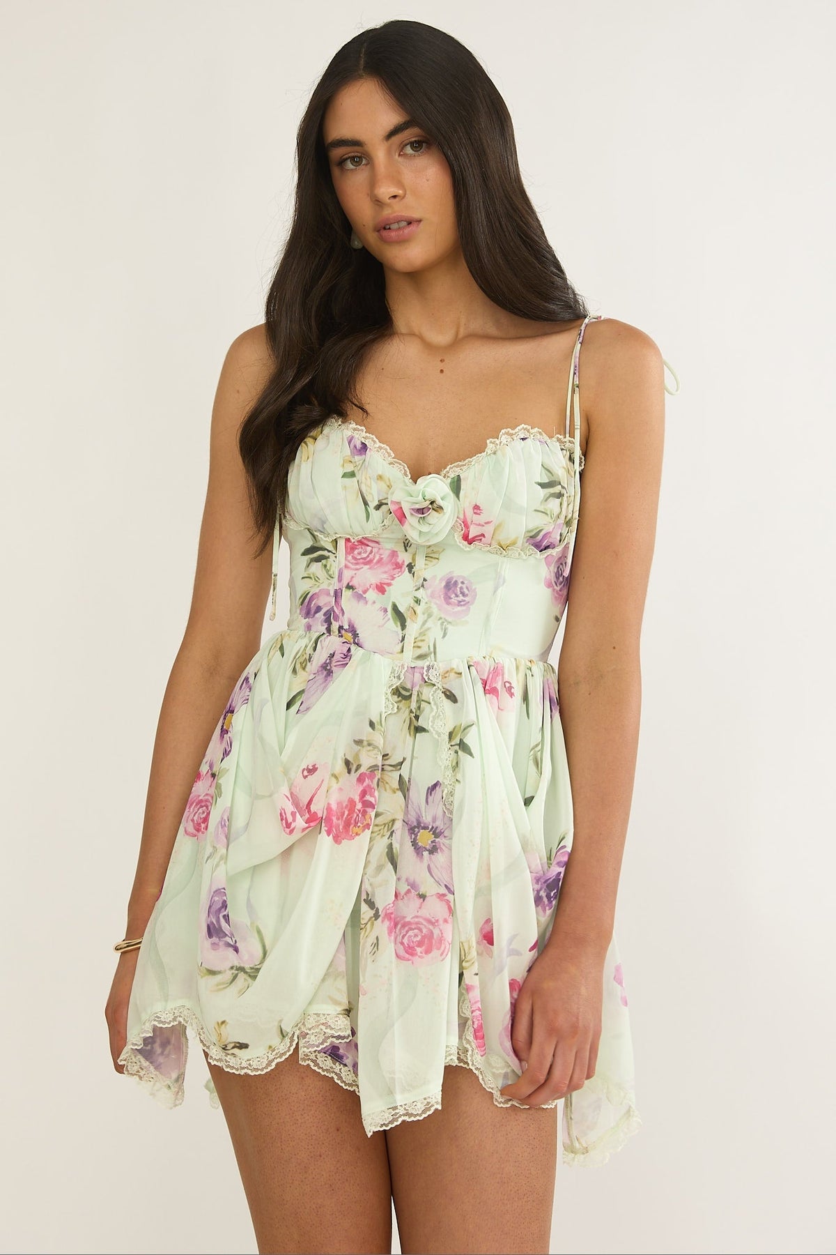 Gisora Tied Back Lace Trim Romper Floral Mint