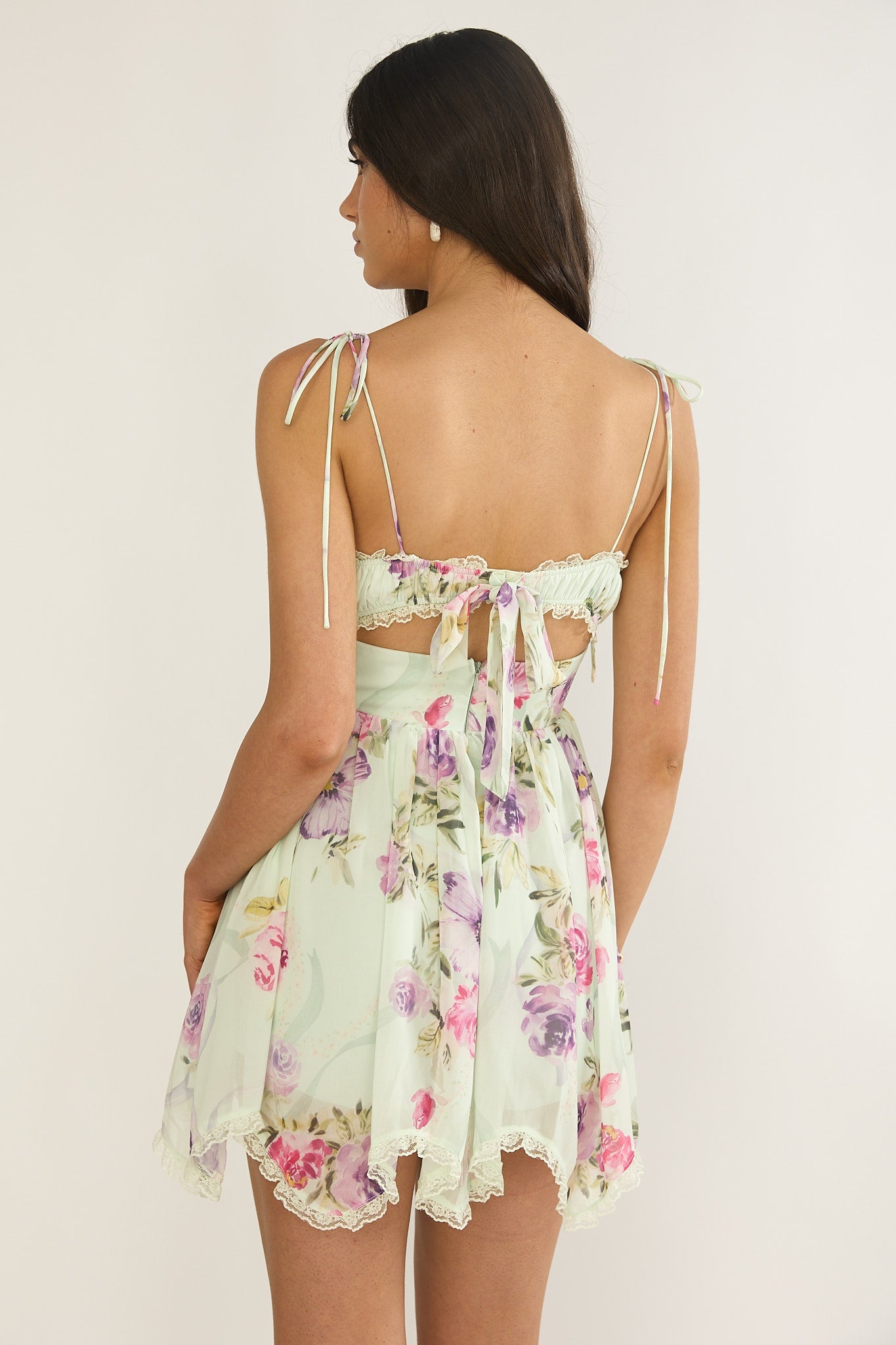 Gisora Tied Back Lace Trim Romper Floral Mint