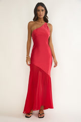 Mireya One-Shoulder Sheer Hem Maxi Dress Red