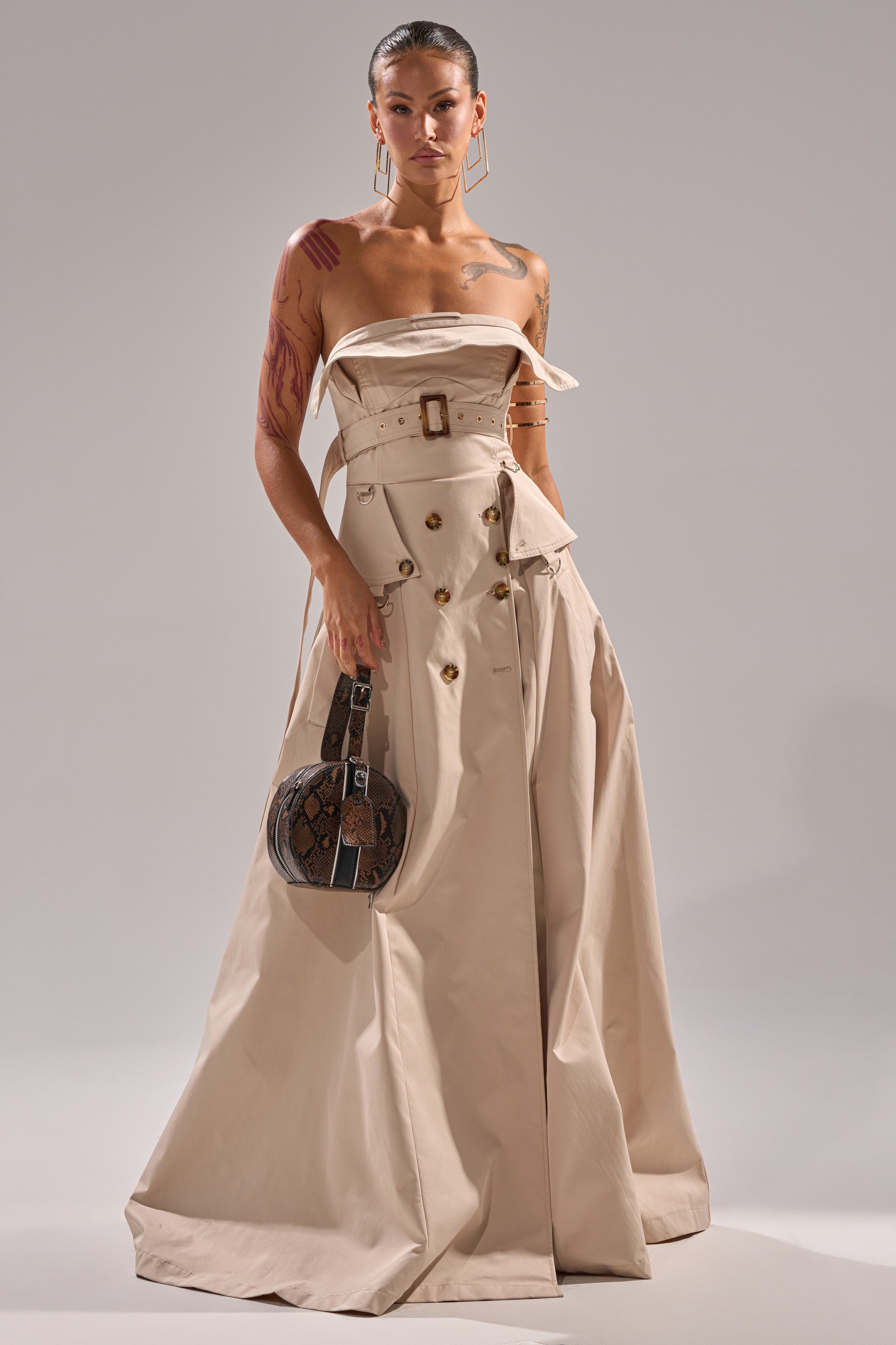 STRAPLESS TRENCH MAXI DRESS