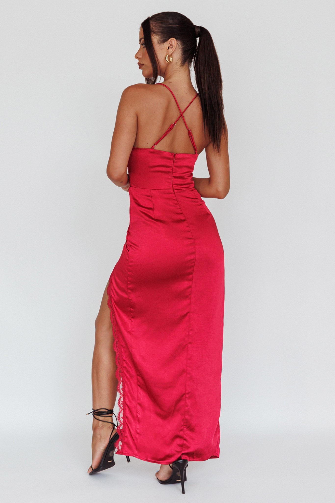 Winter Moon Lace Trim Midi Dress Wine