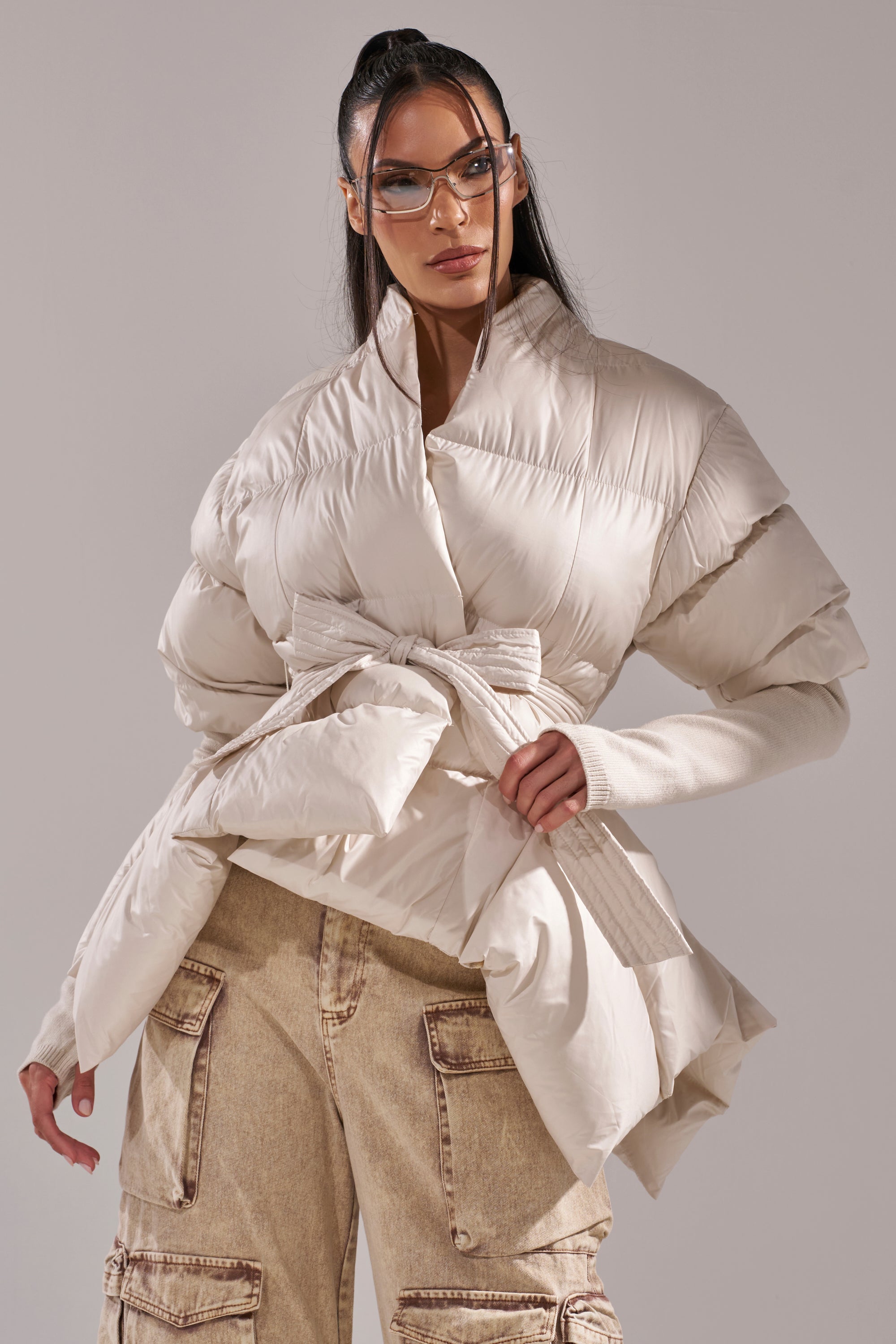 RIB SLEEVE PEPLUM PUFFER IN IVORY