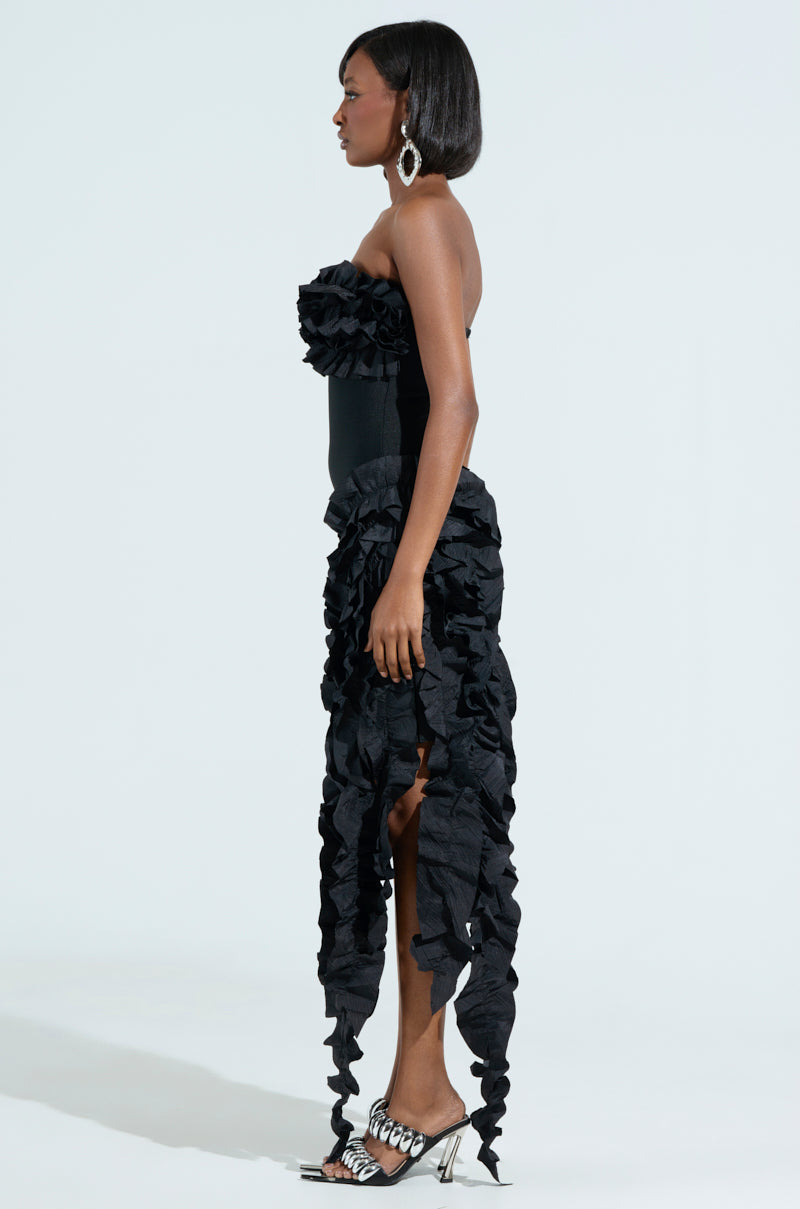 CITY LIGHTS RUFFLE MIDI DRESS