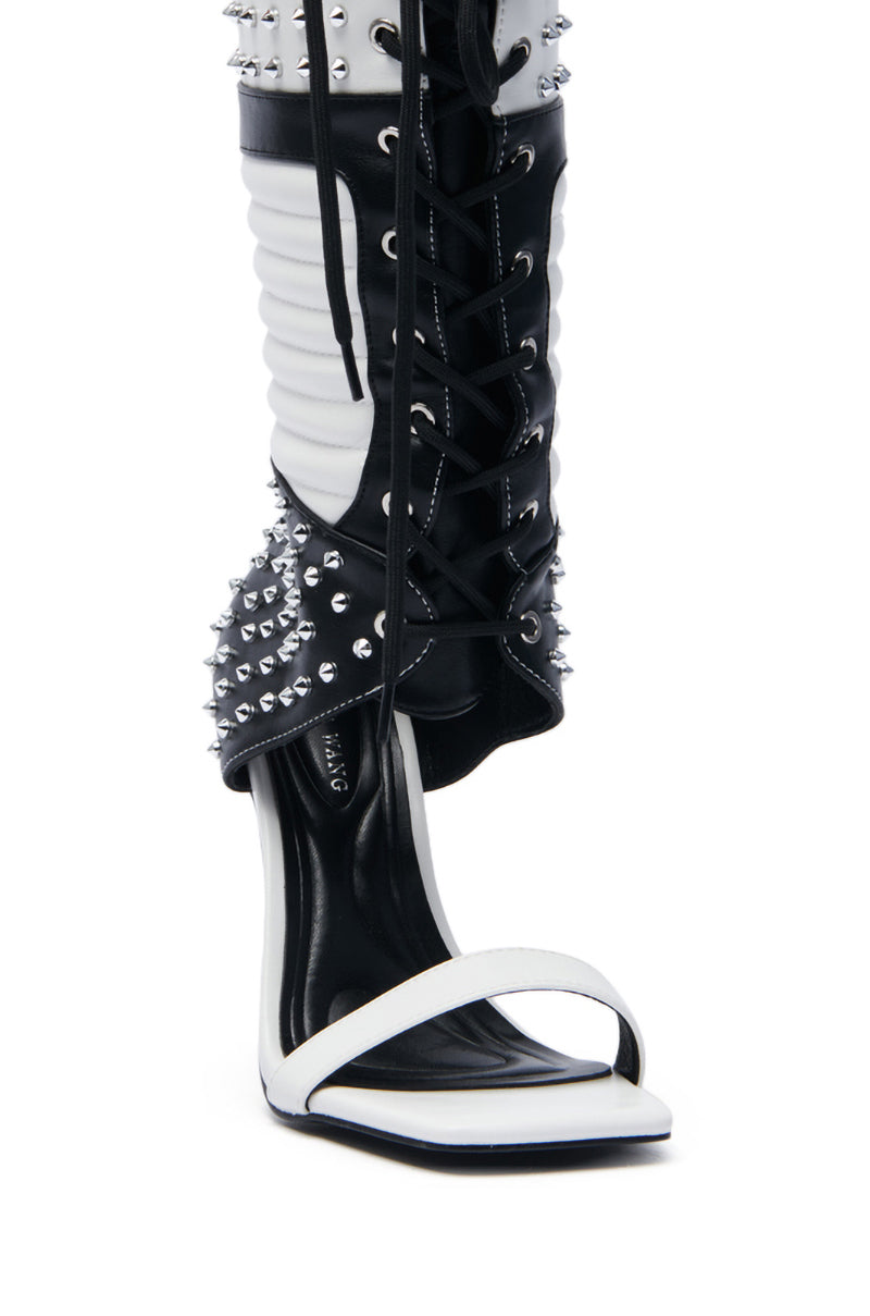 AZALEA WANG ALBERTO BLACK WHITE STUDDED OPEN TOE BOOT