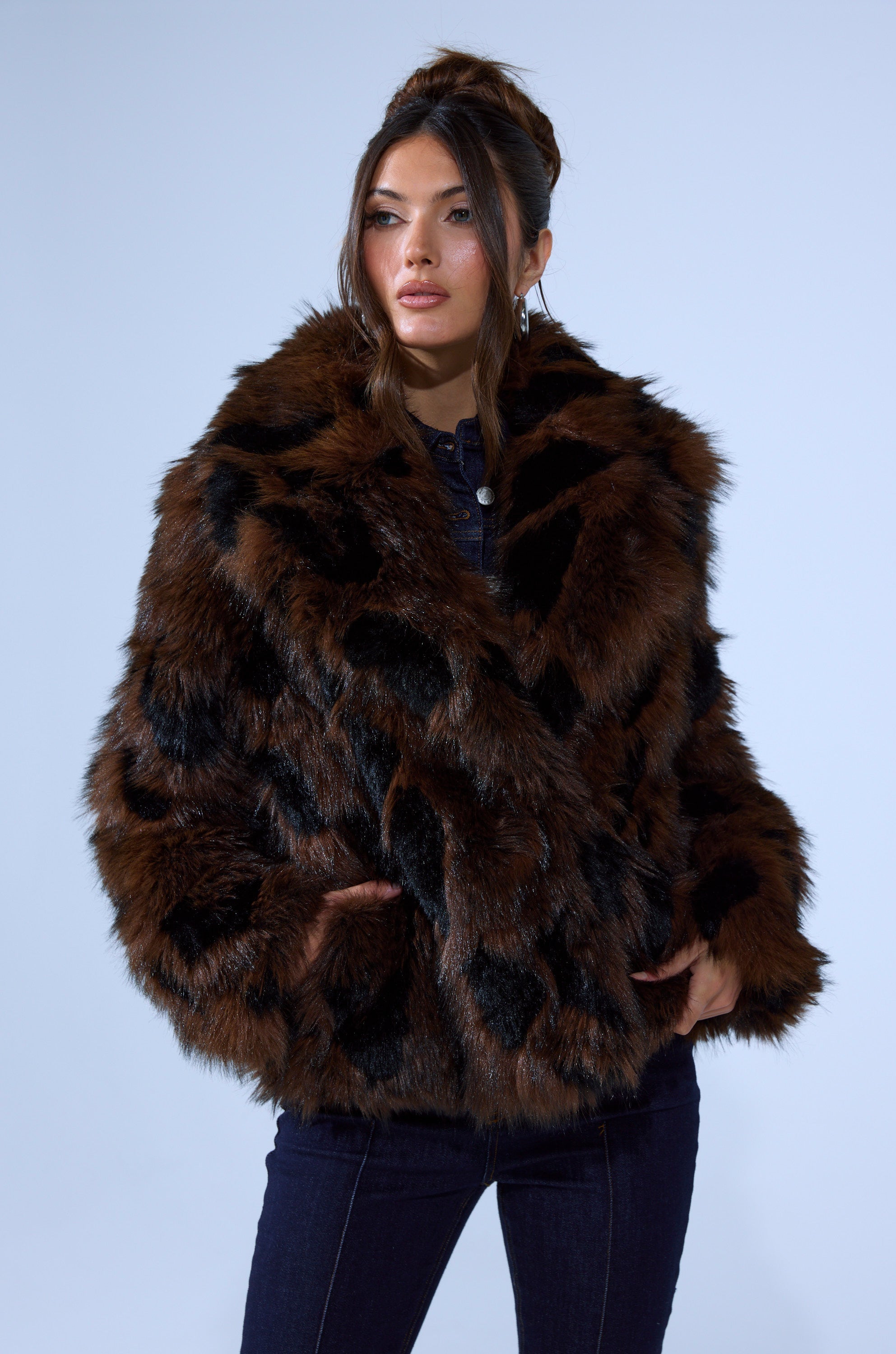 SHORTIE FUR COAT IN BROWN MULTI