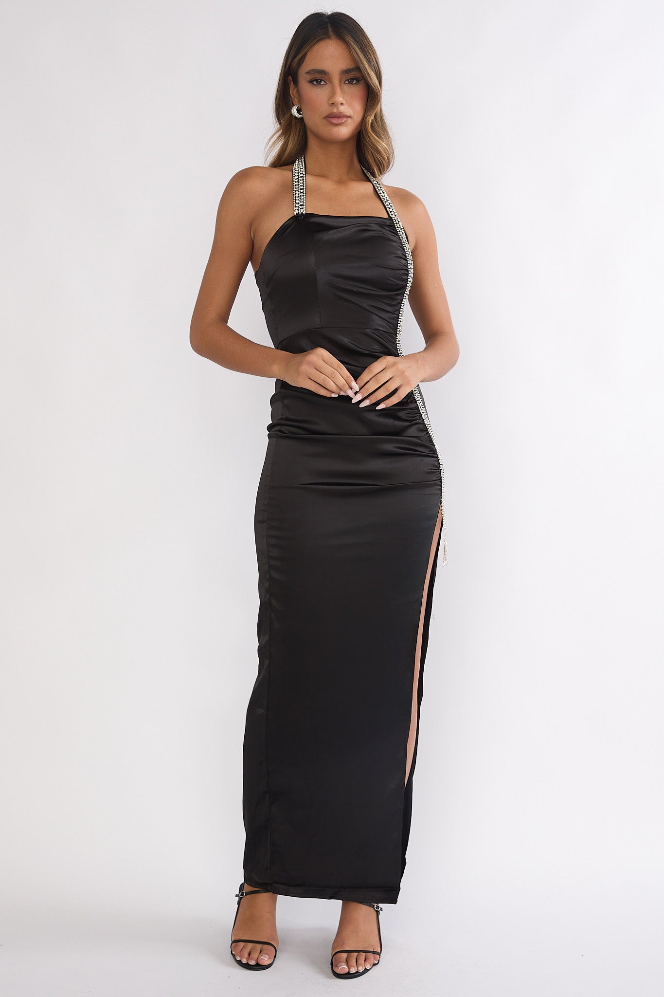 Glitterati Halter Diamante Maxi Dress Black