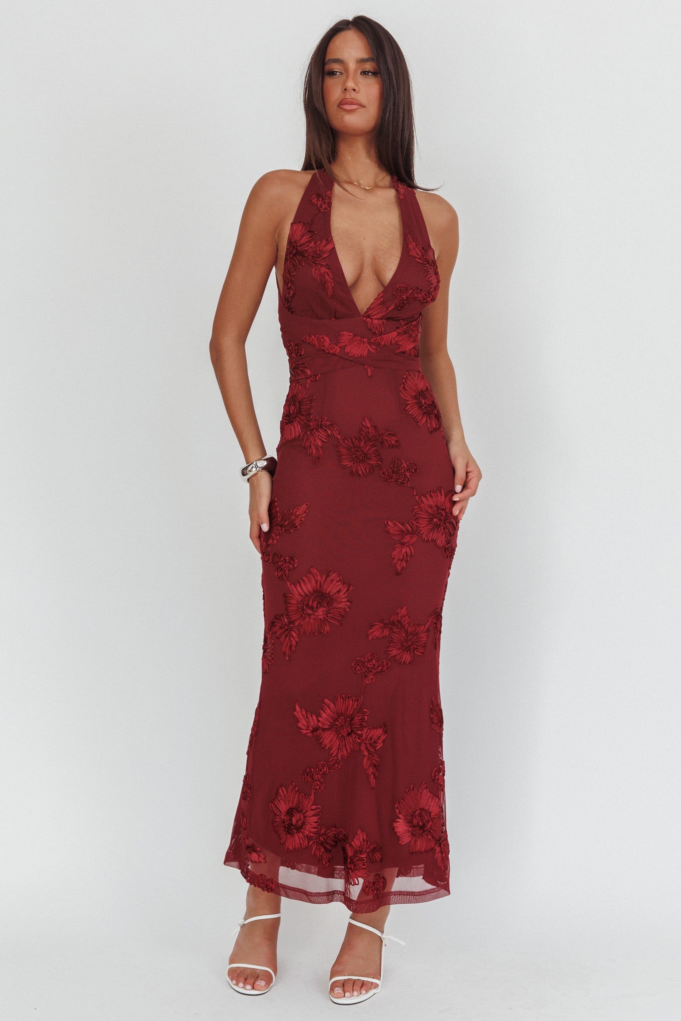 Cipriana Backless Halter Maxi Dress Embellished Wine
