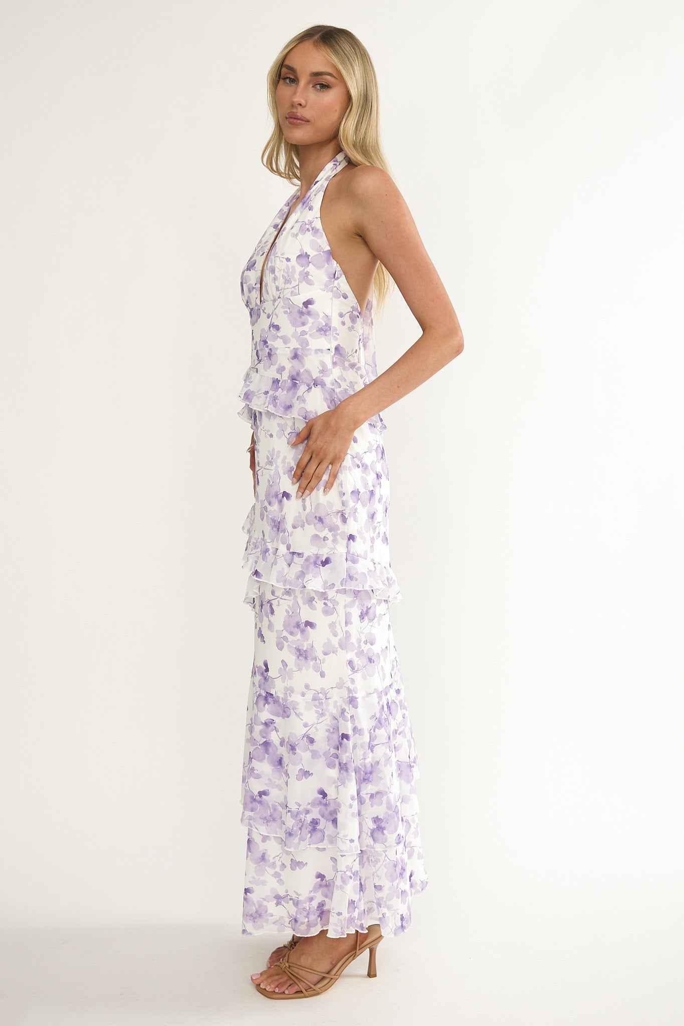 Cipriana Frill Trim Halter Maxi Dress Floral Purple