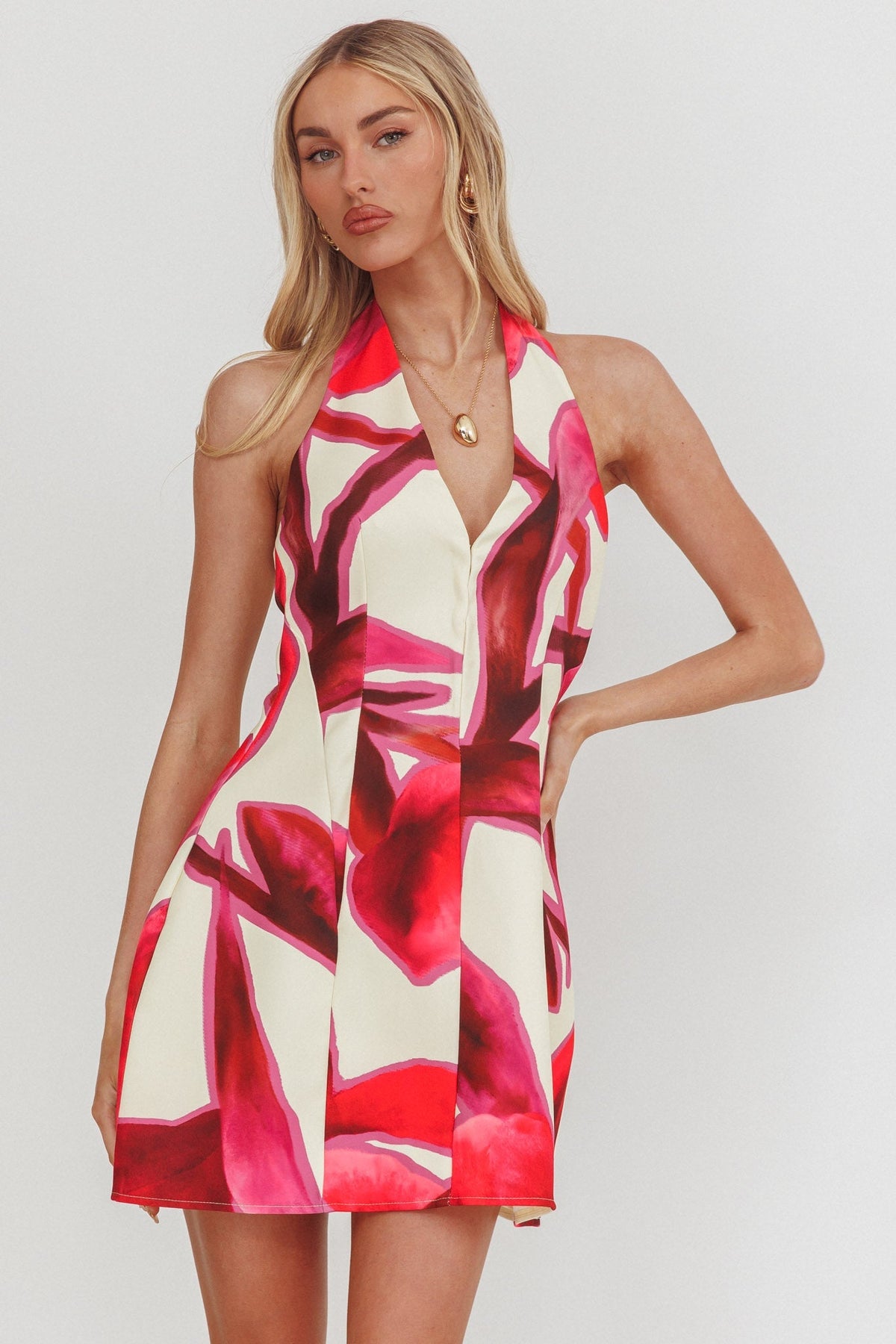 Elisabet Halter Neck Mini Dress Print Red