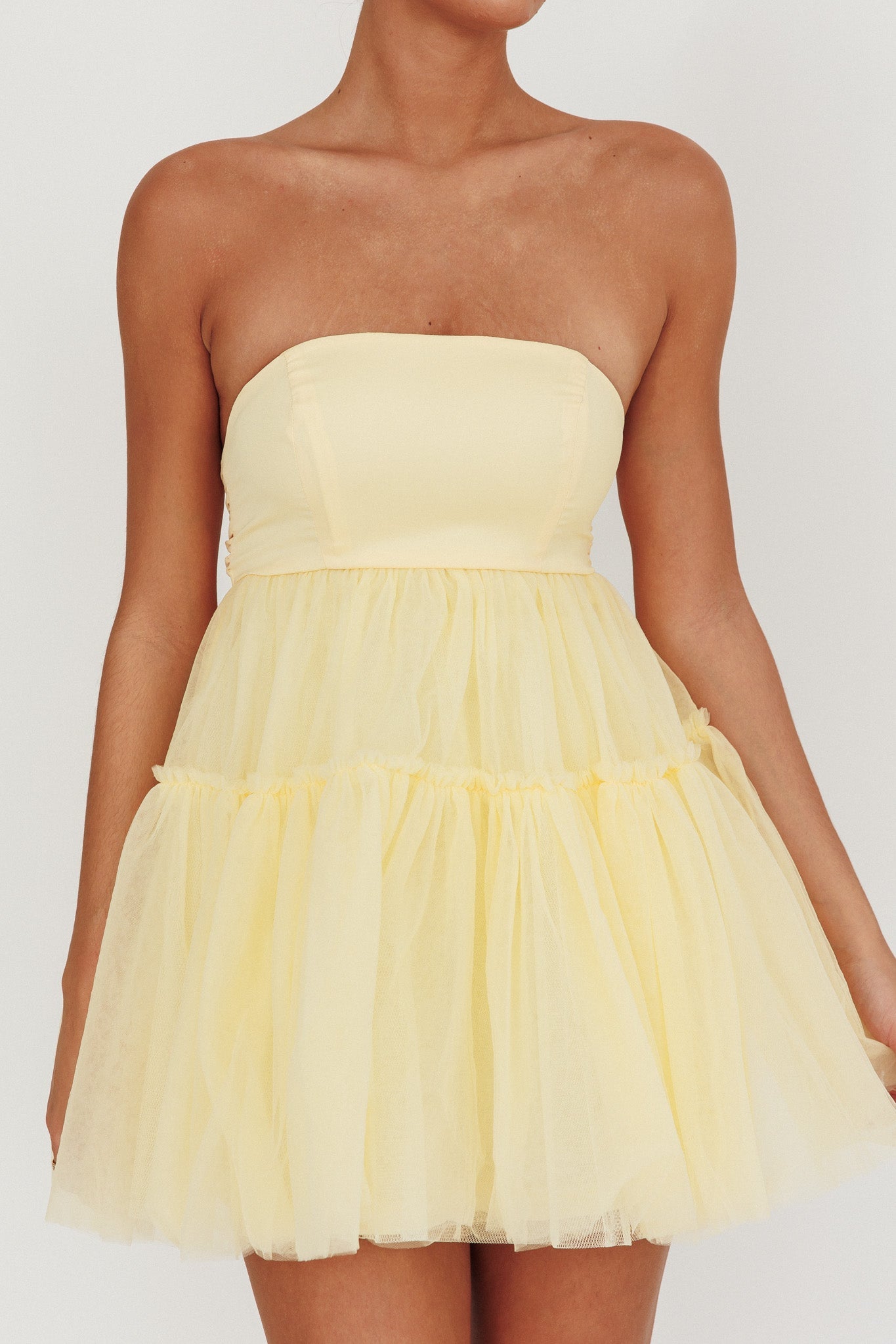Dreamscape Strapless Tulle Mini Dress Lemon