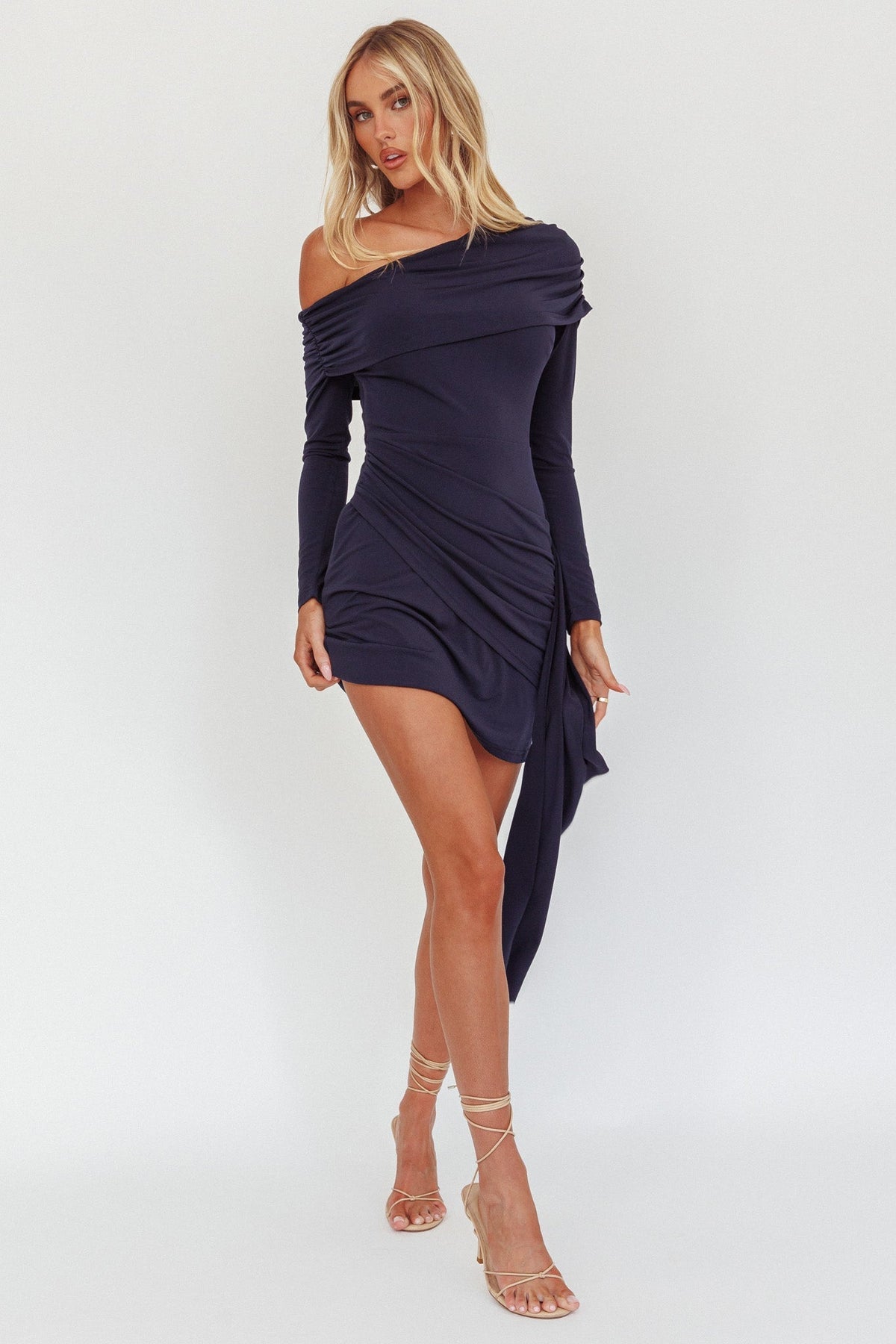 Afroditi Side Sash Draped Mini Dress Navy