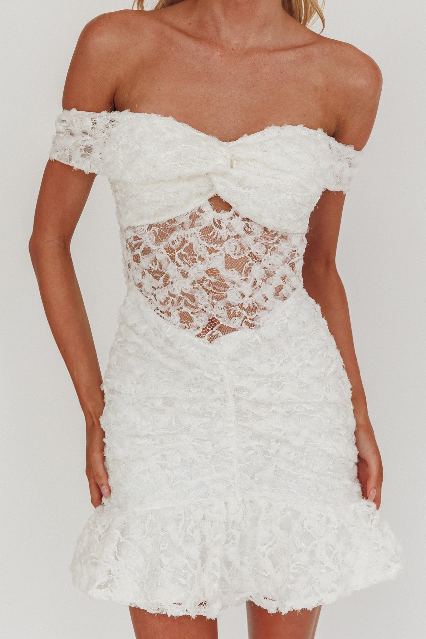 All The Lights Off-Shoulder Lace Mini Dress White