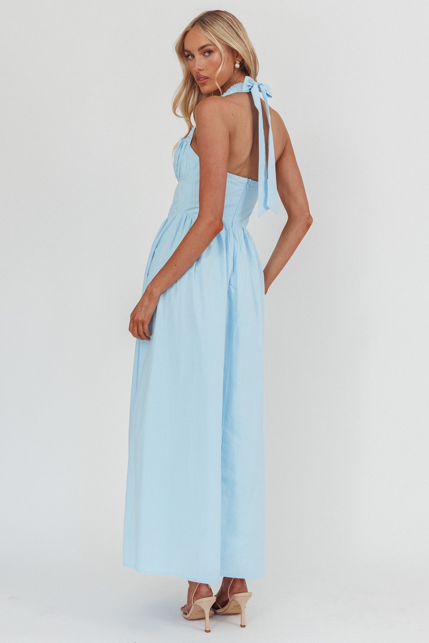 Irisa Elasticated Halter Maxi Dress Ice Blue