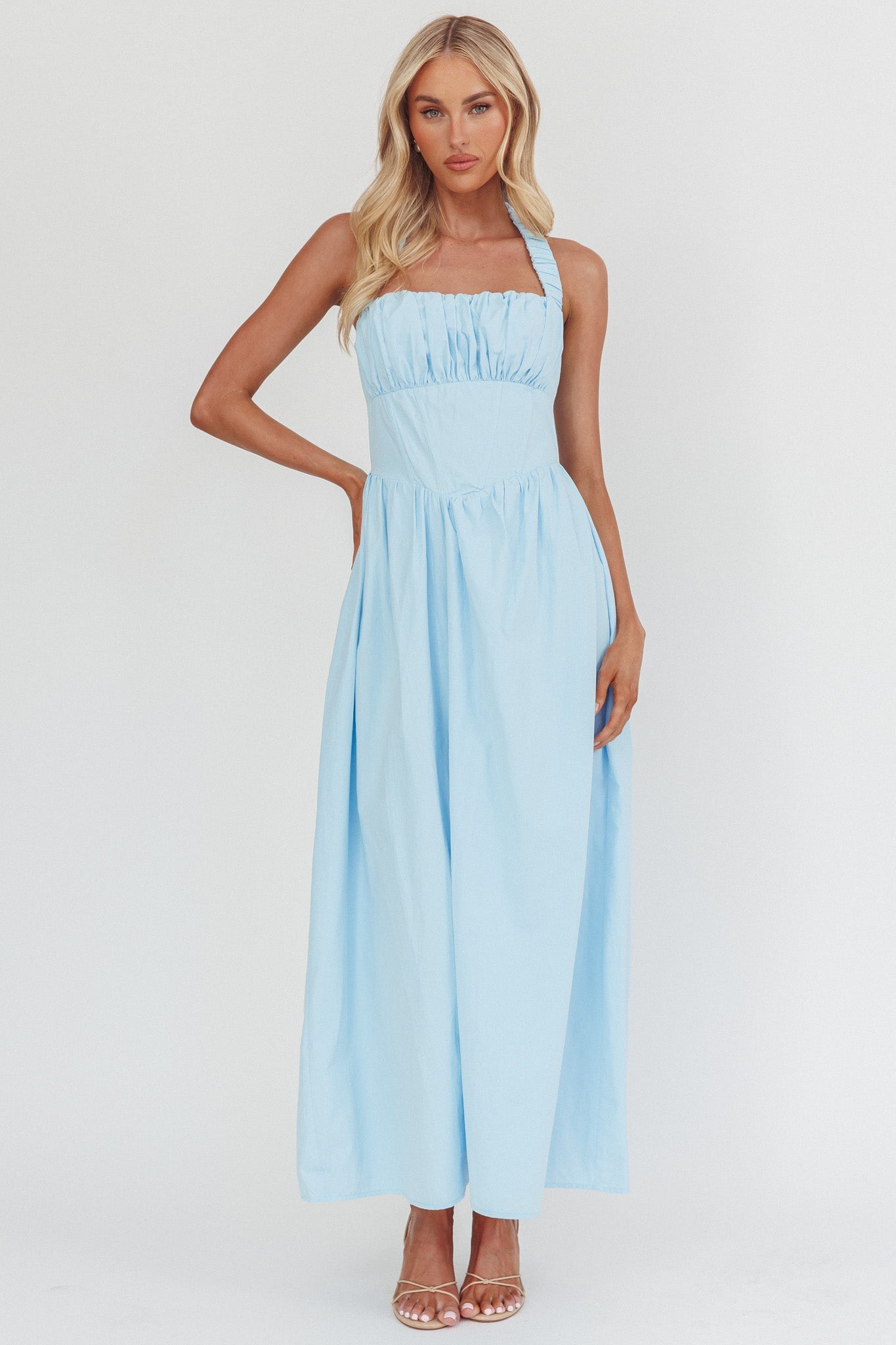 Irisa Elasticated Halter Maxi Dress Ice Blue