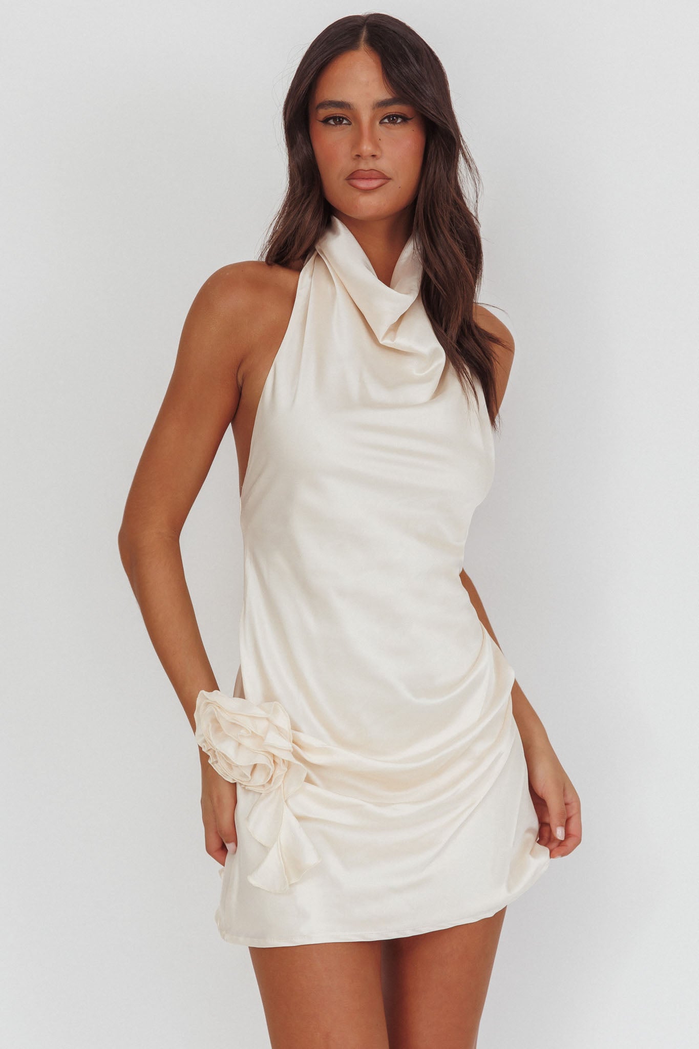 Elarah High Cowl Halterneck Mini Dress Pearl