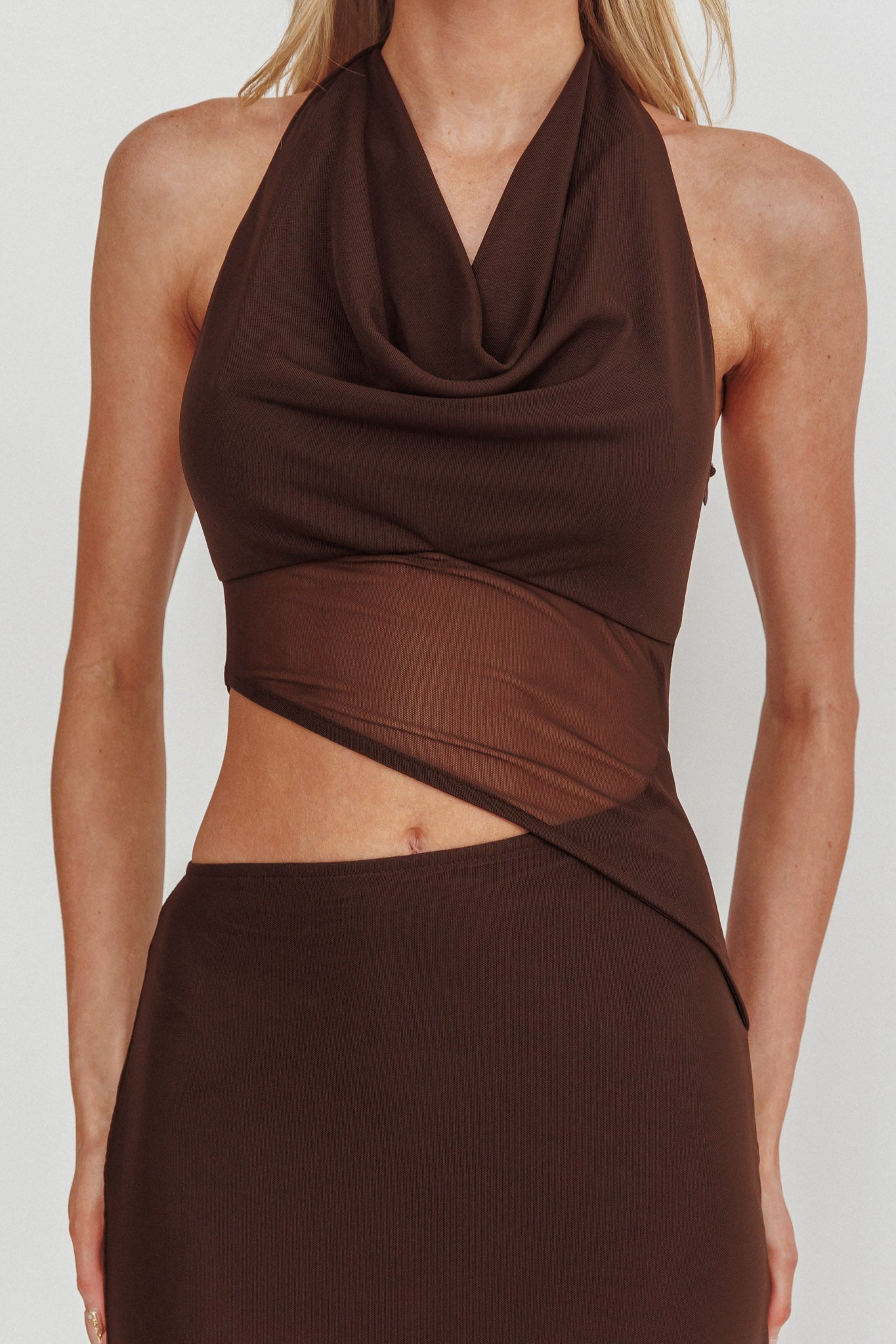 Playing Games Cut-Out Cowl Halter Dress Chocolate