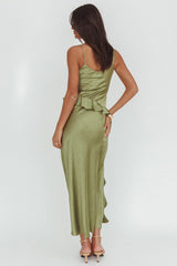 Sunshine Eternity Asymmetric Neckline Ruffle Maxi Dress Olive