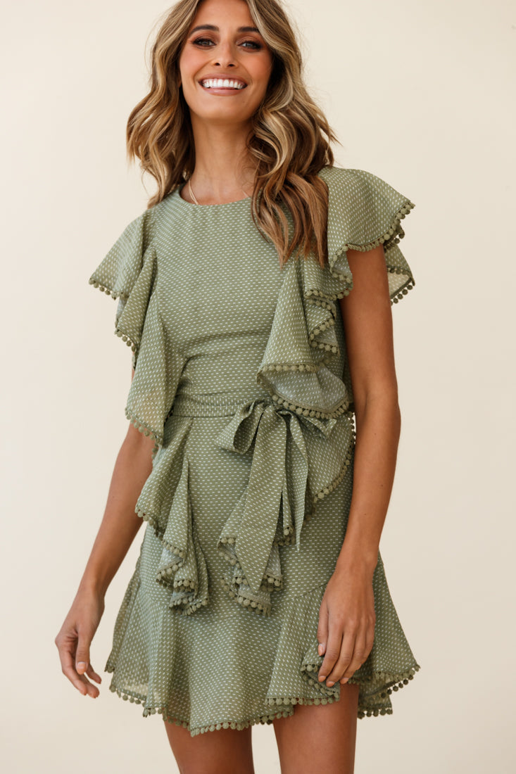 Deandra Ruffle Insert Waist Tie Dress Dash Pattern Olive