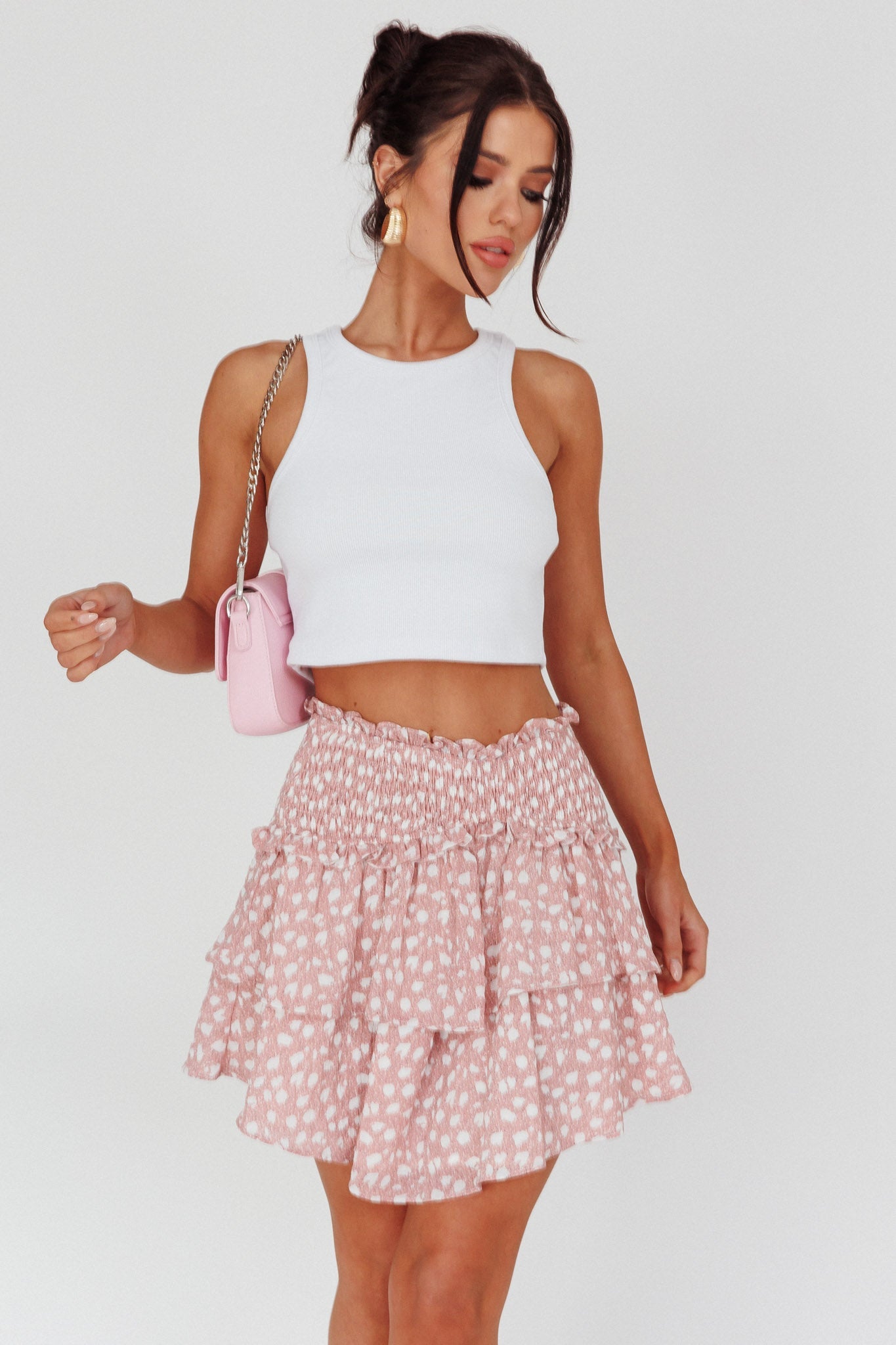 Sylvie Shirred Waist Layered Mini Skirt Pink