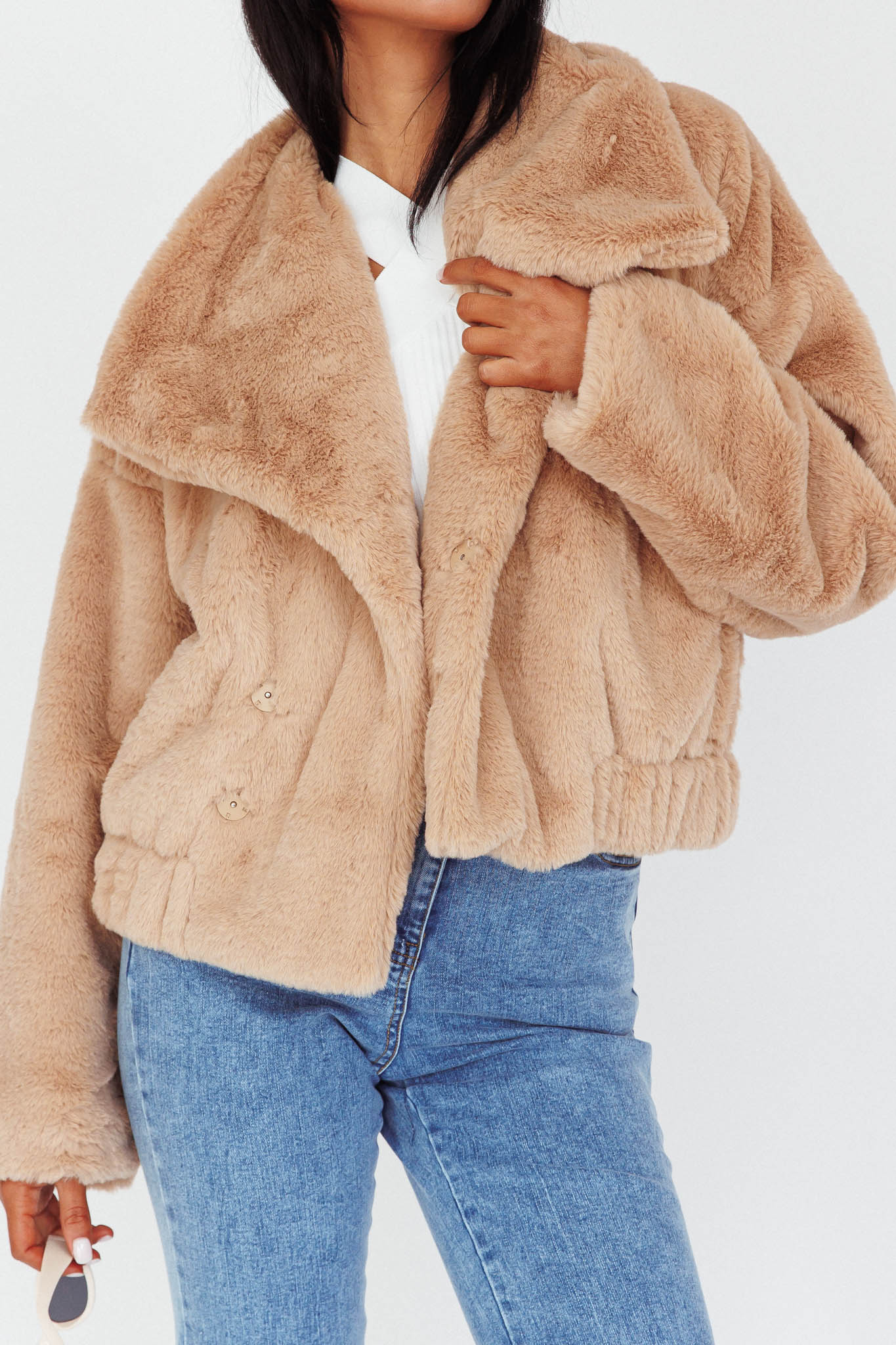 Yaro Long Sleeve Faux Fur Jacket Camel