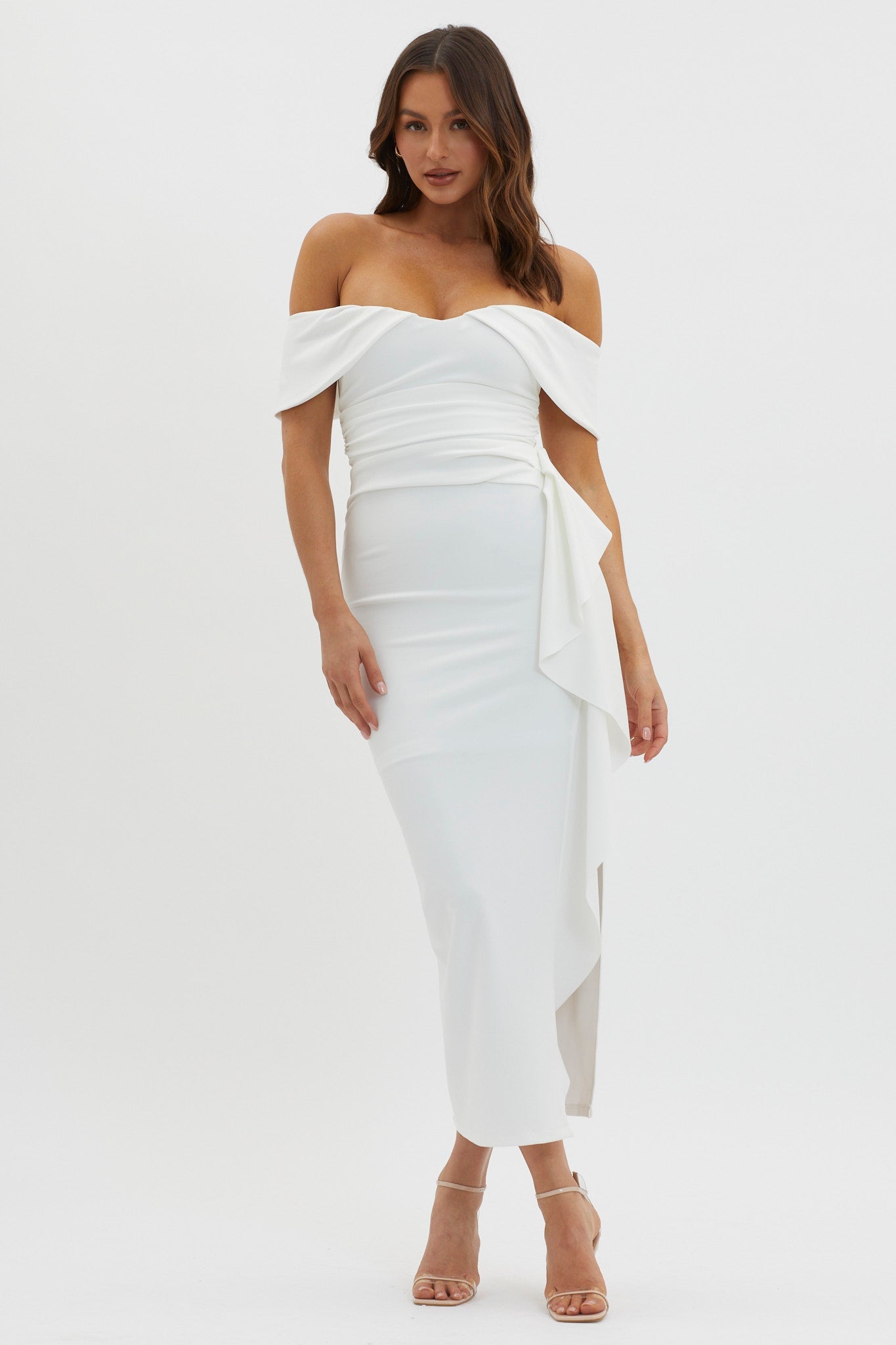 Lillianne Off-Shoulder Side Ruffle Maxi Dress White